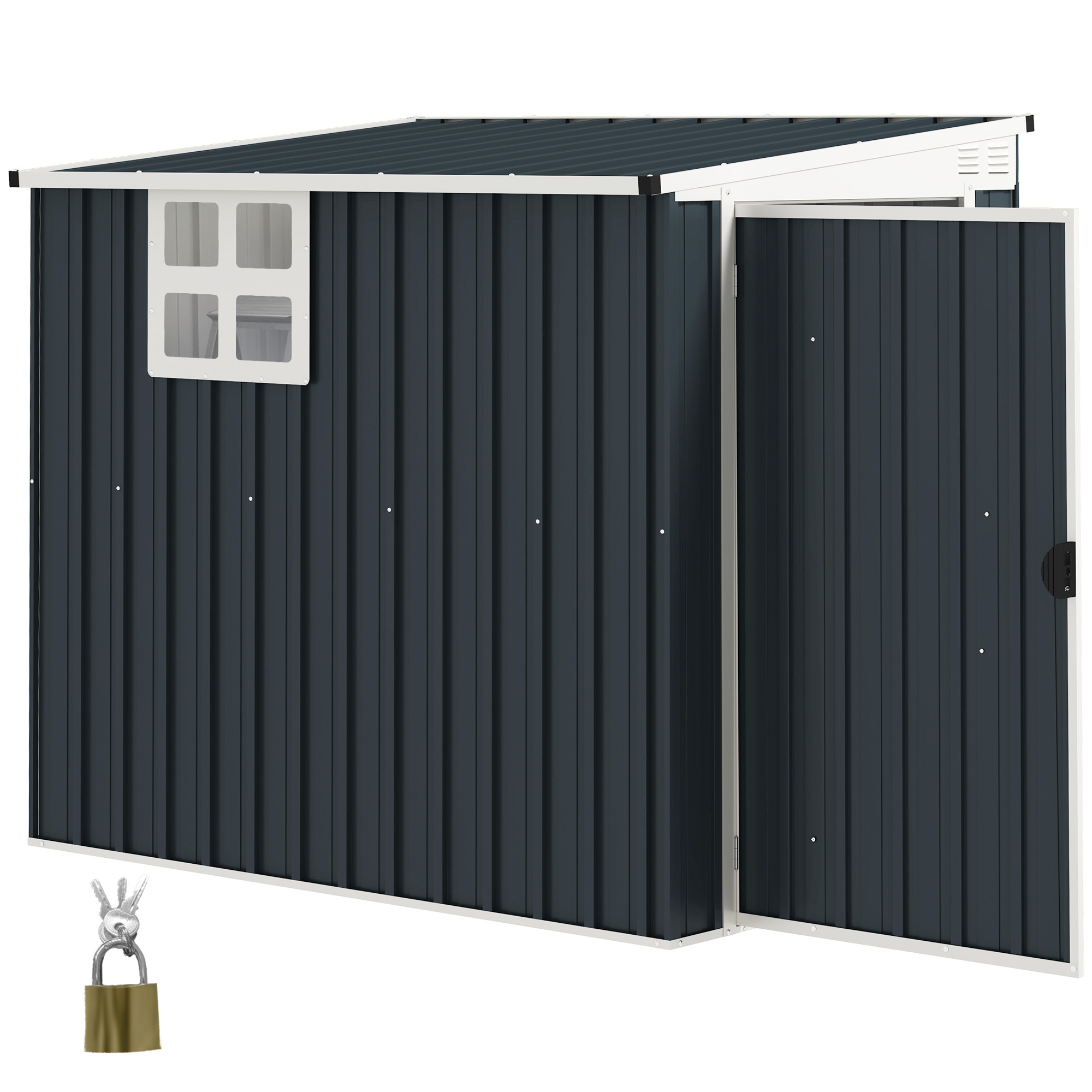 Gartenlagerschuppen, Werkzeugschuppen für Gartengeräte, Fenster, Lüftungsöffnungen, abschließbar, Stahl, Dunkelgrau