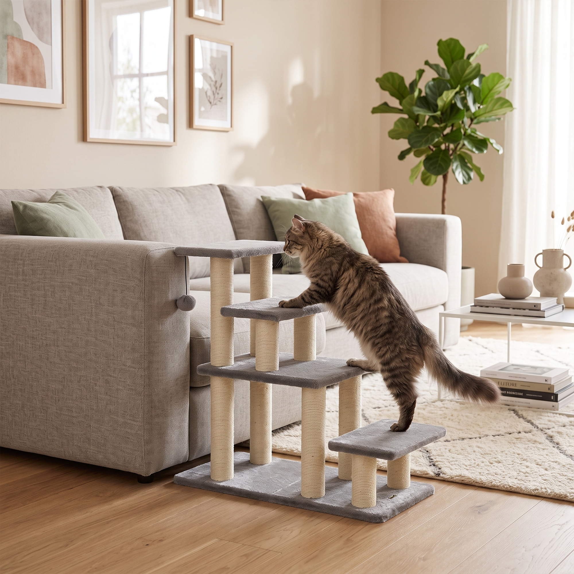 Hundetreppe 4 Stufen 68 cm Hoch verstellbar Haustiertreppe für Kleine Hunde Katzentreppe Sisal Kratzbäumen, Spielball