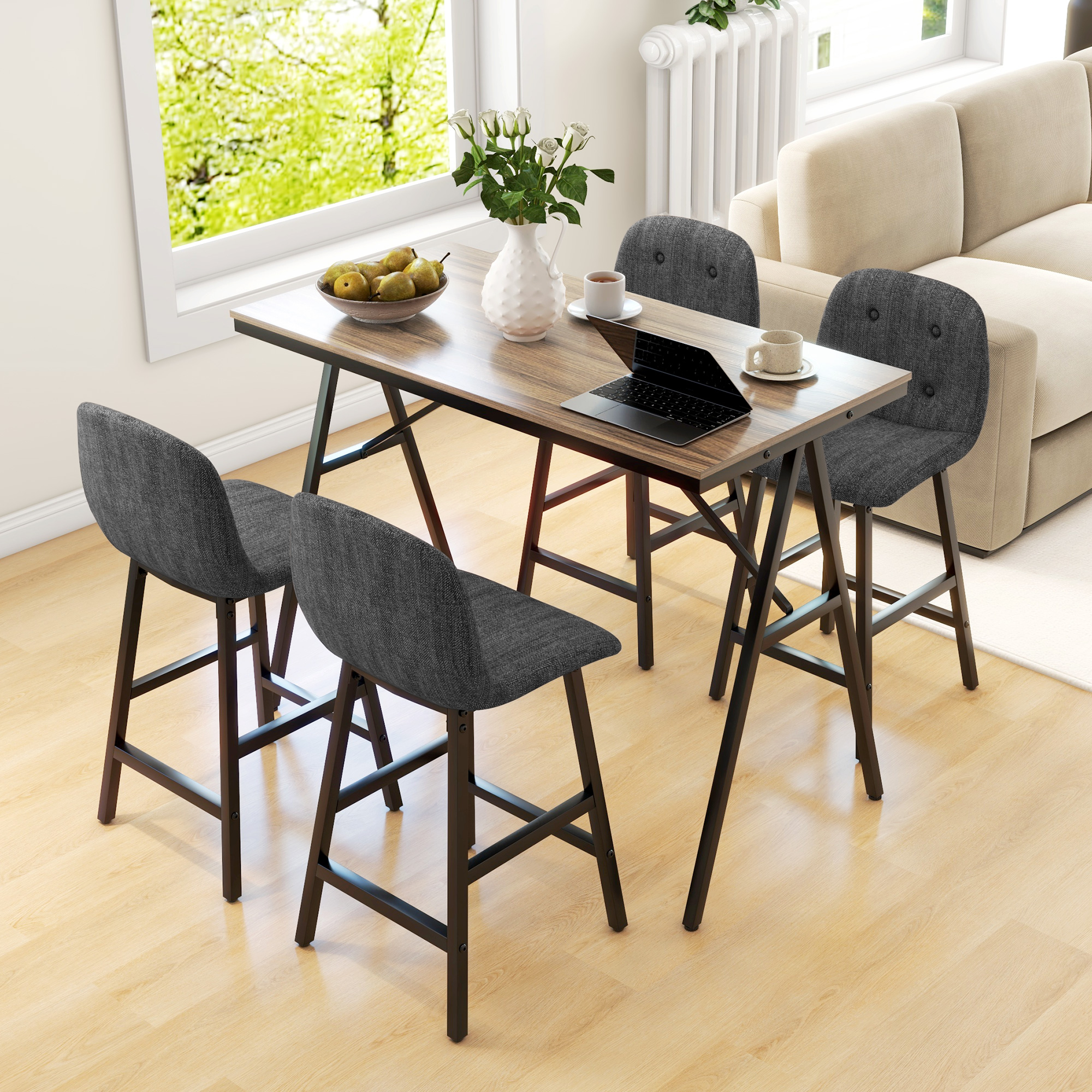 Bargarnitur 5-teilig, Tisch und 4 Stühle, Knopfheftung, dicke Polsterung, Leinenoptik, Dunkelgrau