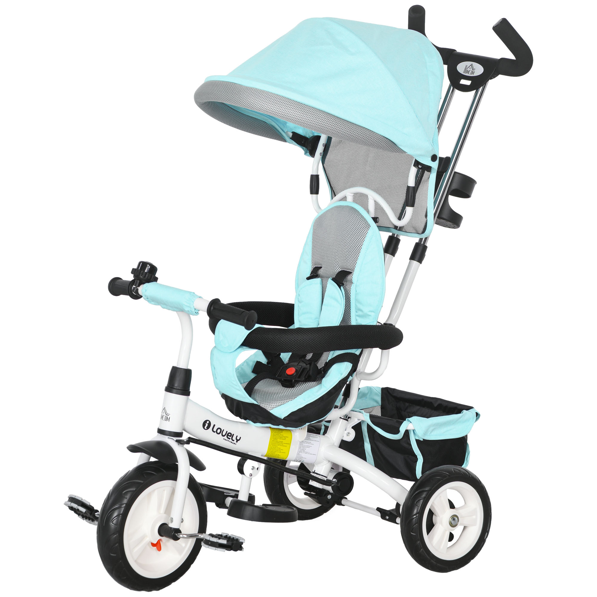 6-in-1 Kinderdreirad mit Schiebestange, Dach, Gurt, Ablagekorb, für 1-5 Jahre, Grün