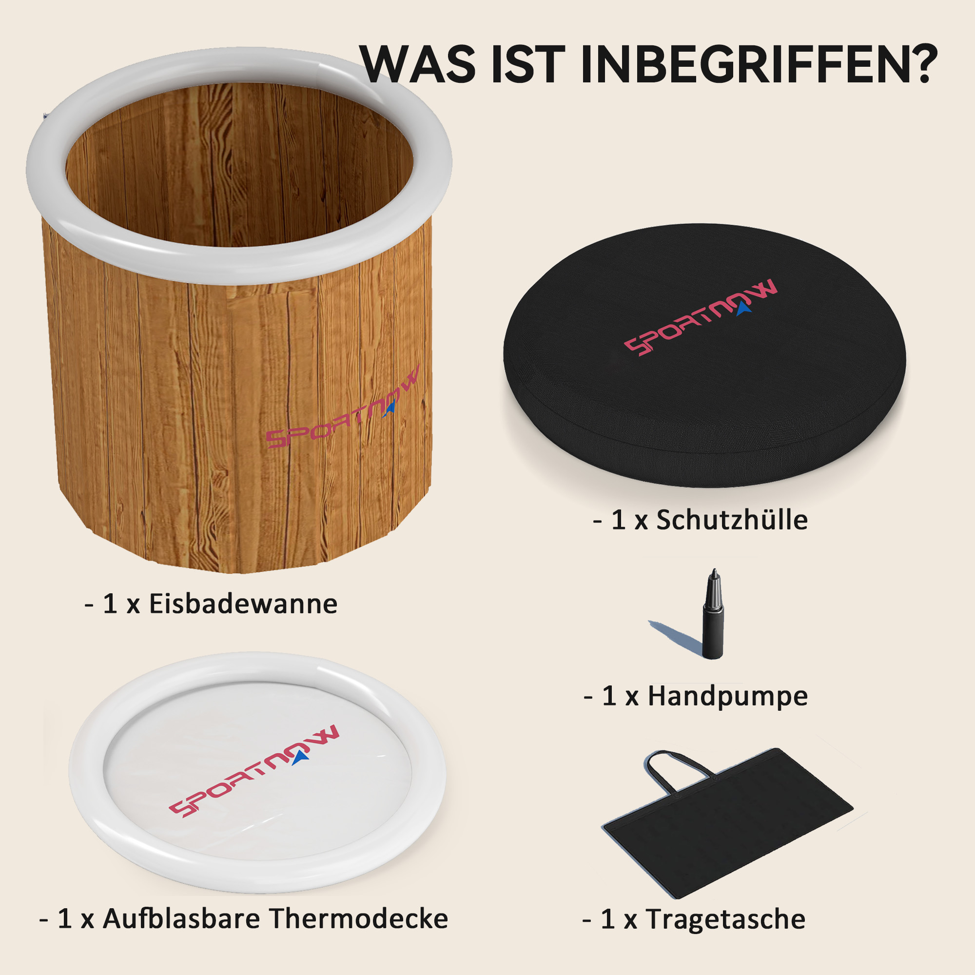 Eisbadewanne, 300 Liter aufblasbare Eiswanne für Muskelentspannung mit Abdeckung, Tragetasche, Luftpumpe, Braun
