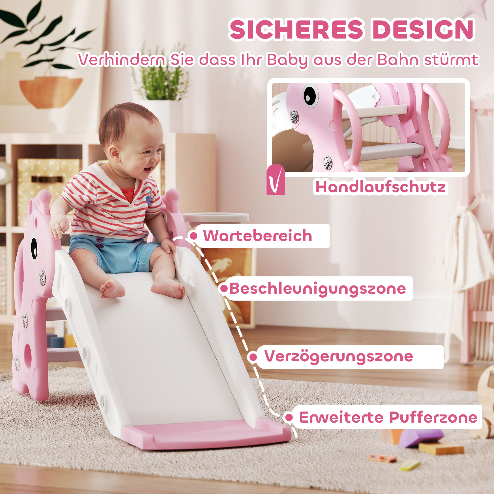 3-in-1 Rutsche für Kinder, Giraffenform, Basketballkorb, Ball, Rosa