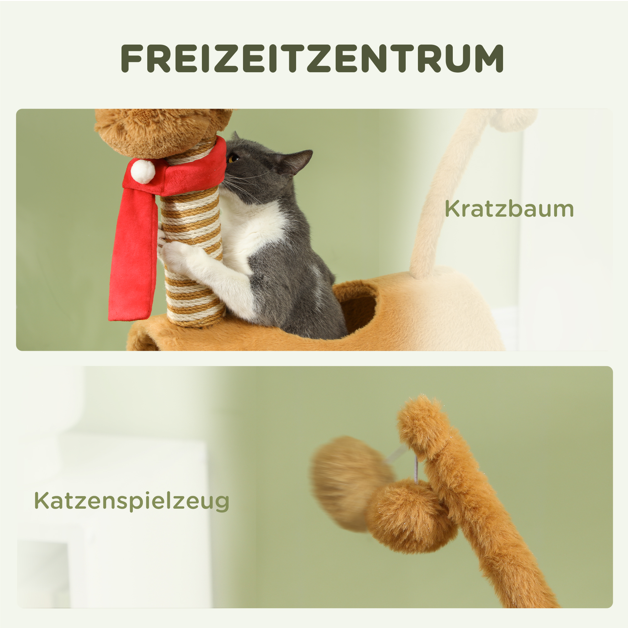 Kratzbaum 98 cm Katzenturm im Hirschdesign, mit Höhle, Spielball, Jutestämme Braun