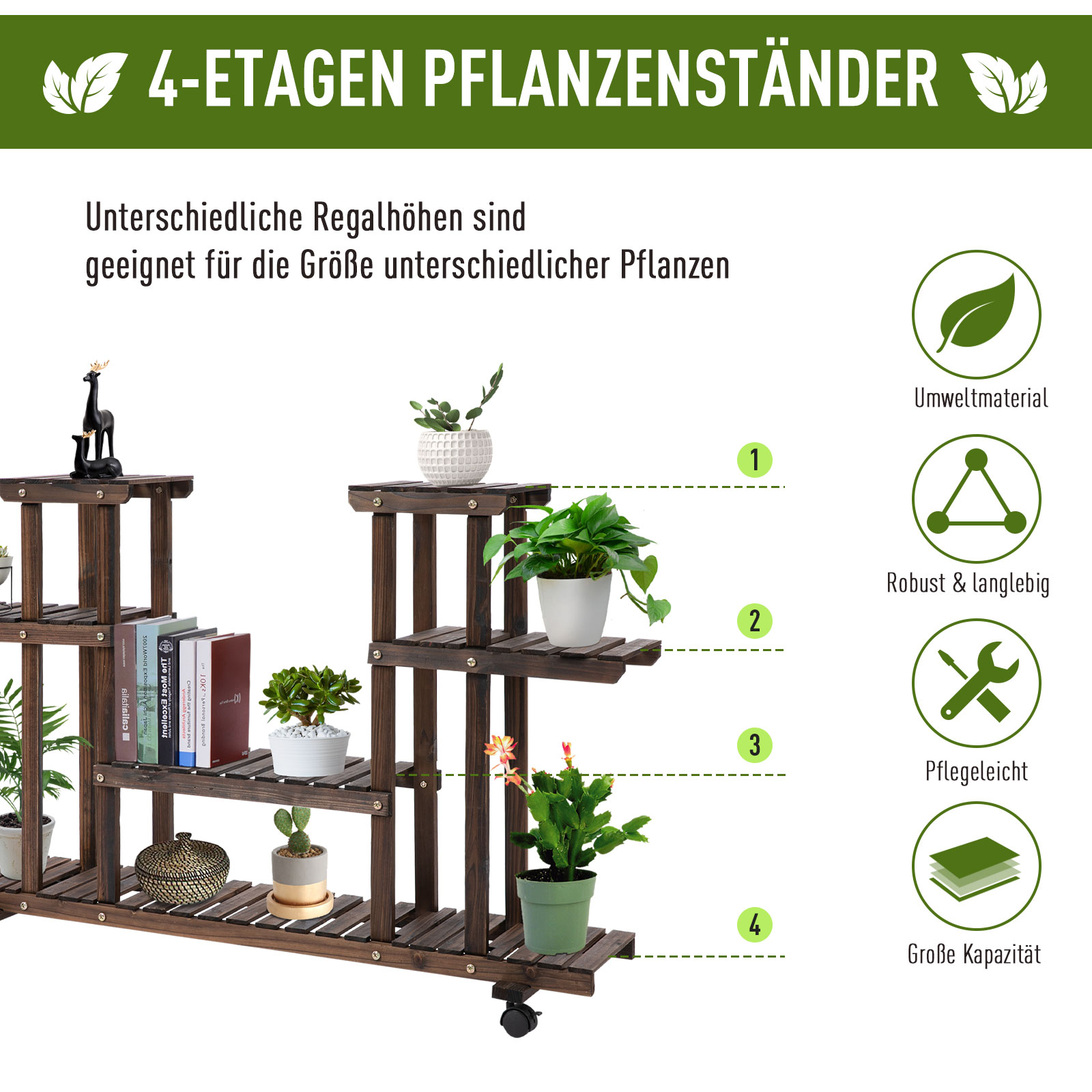Blumentreppe 6 Regale 4 Rollen 123,5 cm × 33 cm × 80 cm Massivholz Braun 123,5 cm × 33 cm × 80 cm
