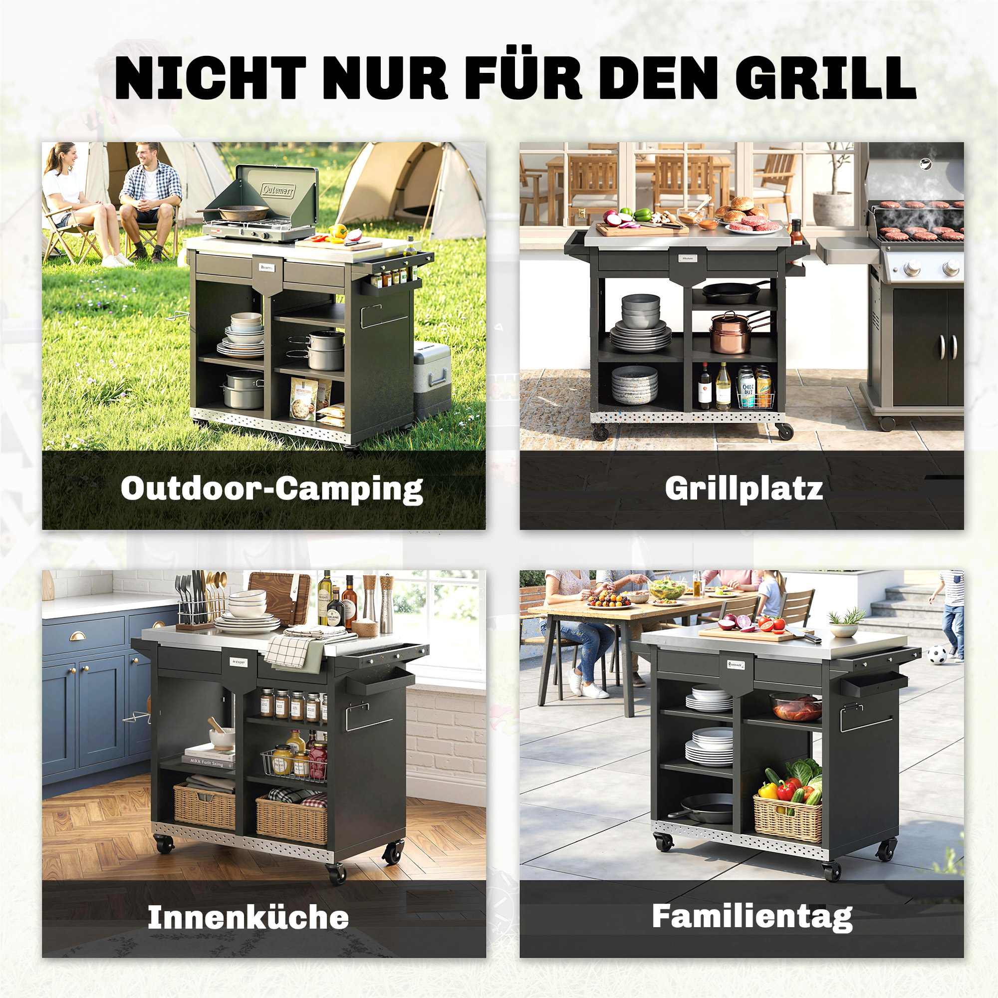Grillwagen 5-Etagen Grilltisch mit Edelstahl Arbeitsfläche verstellbar Regale Schublade Rollen Gewürzhalter Müllständer