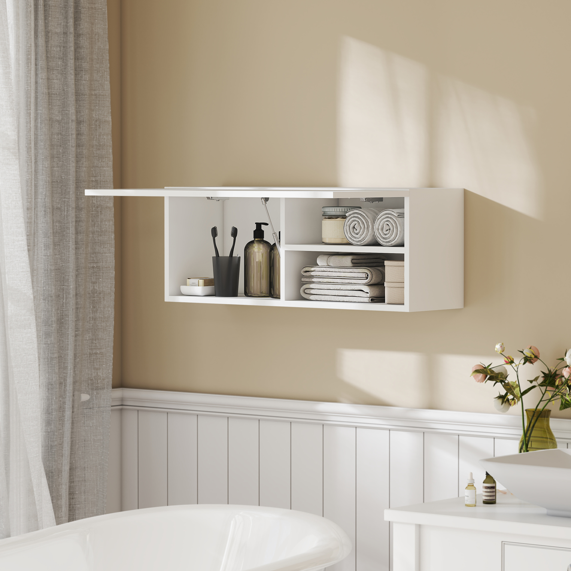 Badezimmerschrank Hängeschrank Wandschrank mit nach oben klappbarer Tür, Gasdruckfeder Einlegeboden 80 x 25 x 30 cm Weiß