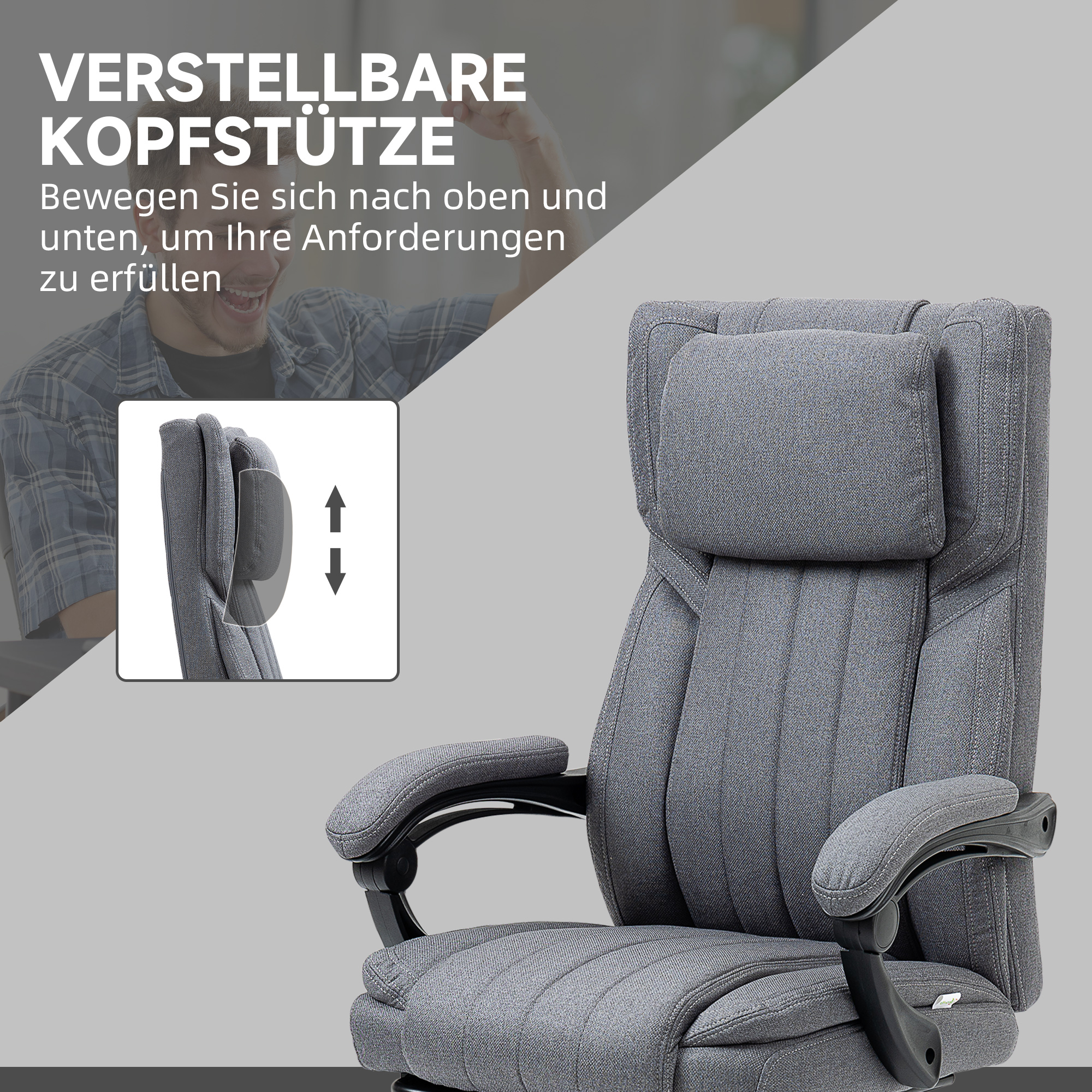 Bürostuhl mit Massagefunktion, neigbare Rücklehne, ausziehbare Fußstütze, Leinenoptik, grau, 65 x 61 x 113 cm