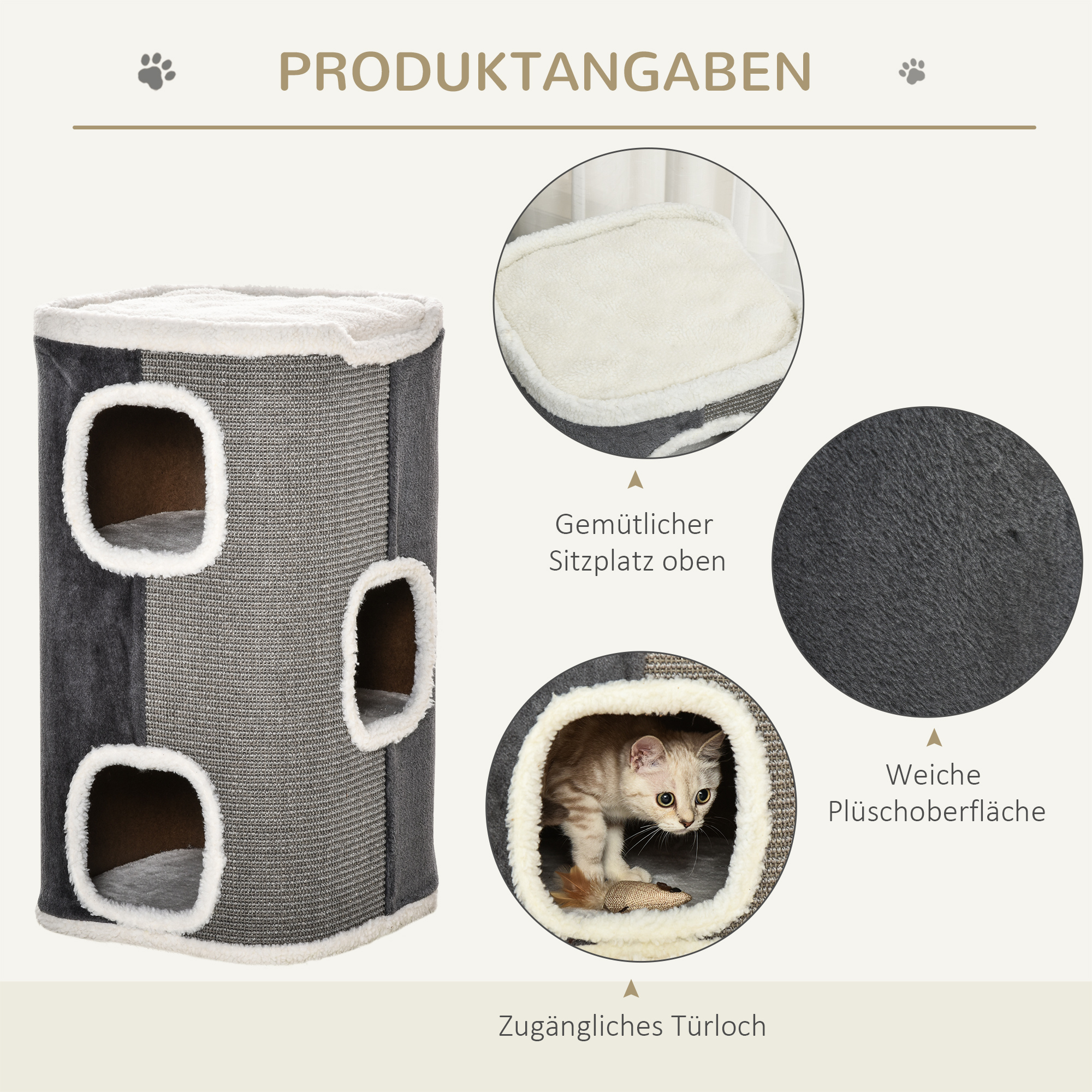 Kratztonne für Katzen Katzenkratzbaum 3 Ebenen Katzenbaum Kletterbaum für Katzen Katzenmöbel Spanplatte samtartiges Polyester Sisal Grau+Weiß 40 x 40 x 74 cm