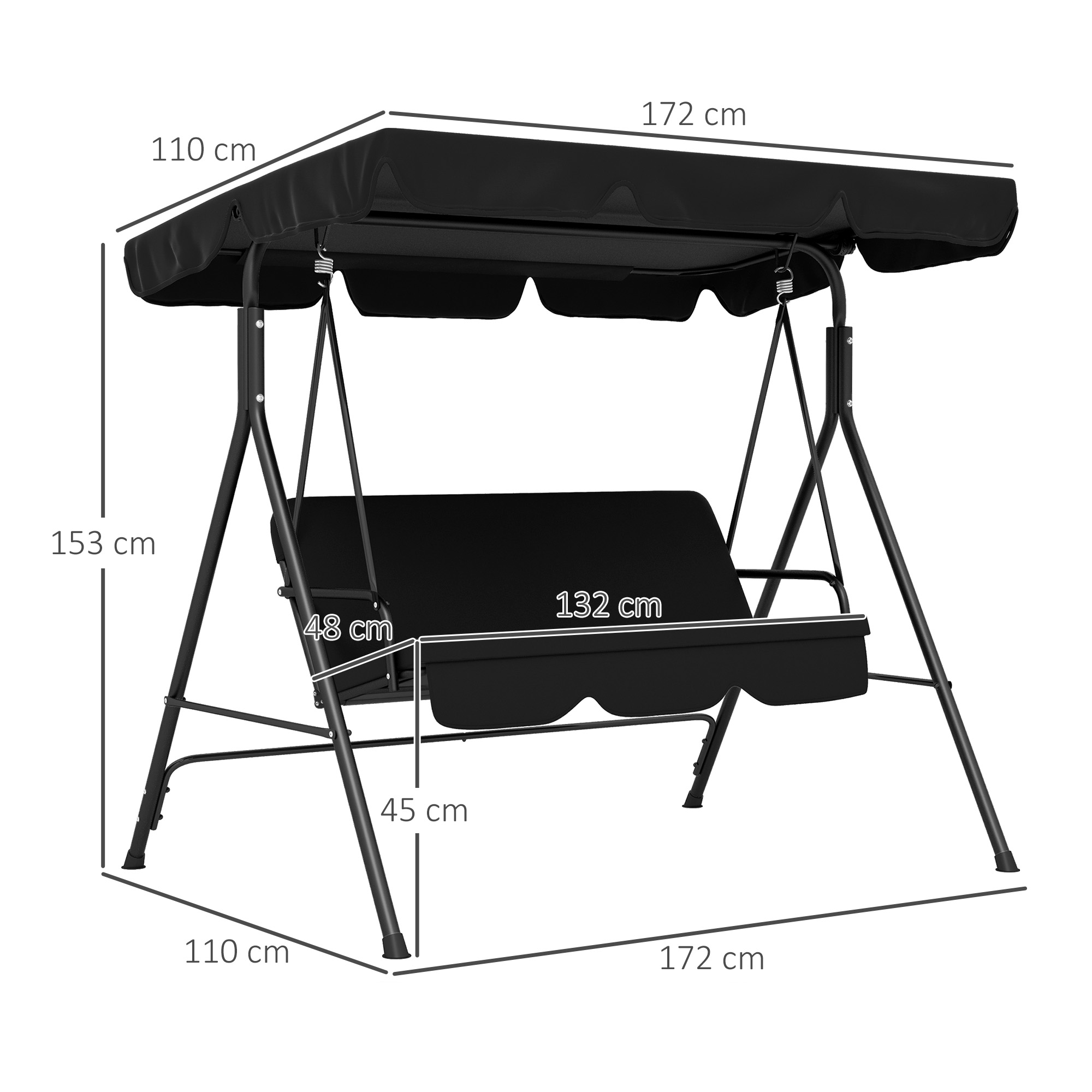 3-Sitzer Hollywoodschaukel Gartenliege Schaukelbank, wetterbeständig, 172 cm x 110 cm x 153 cm, Schwarz