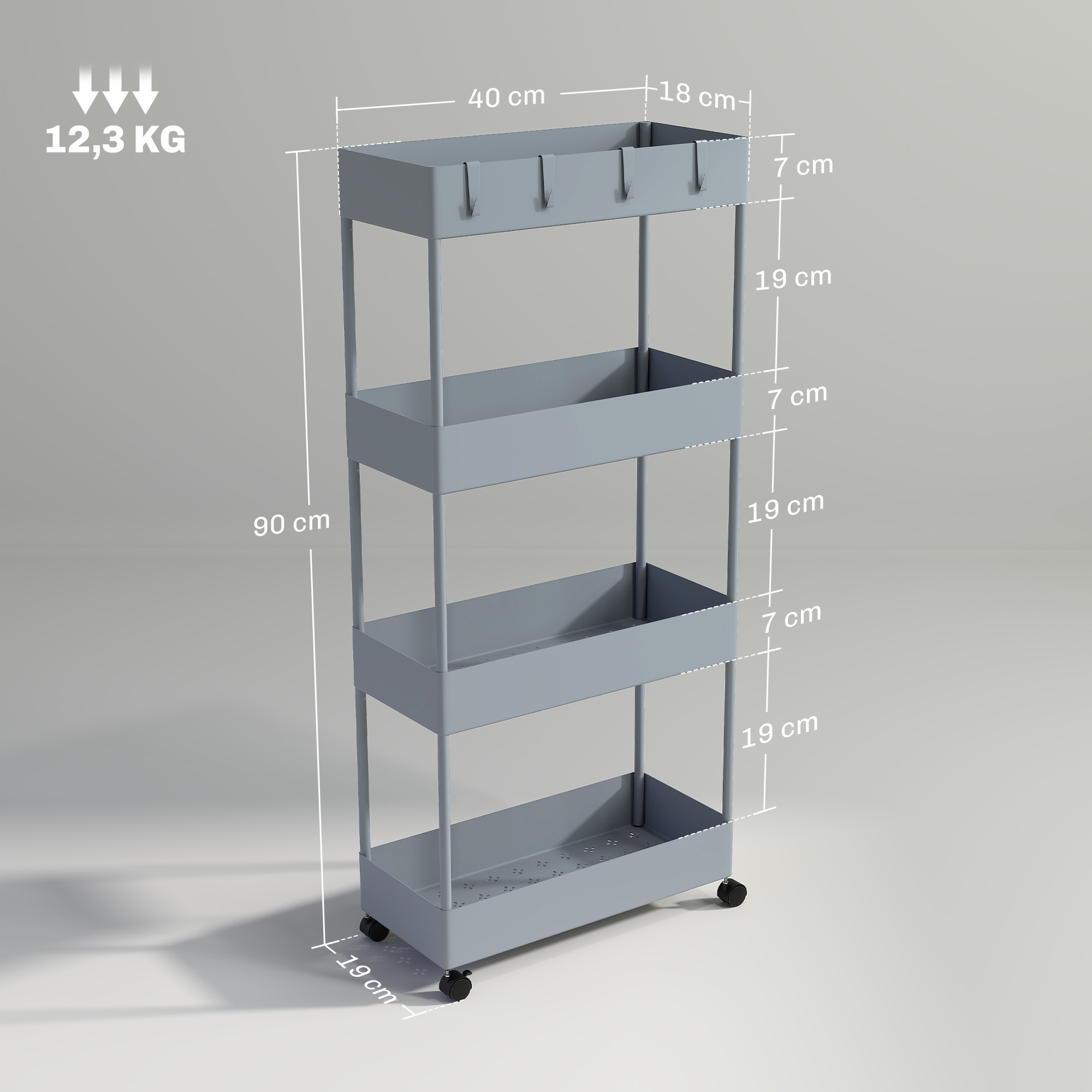 Küchenwagen mit 4 Regalen, 4 flexiblen Haken, 4 Rollen, 40 cm x 19 cm x 90 cm, Nischenwagen, Grau