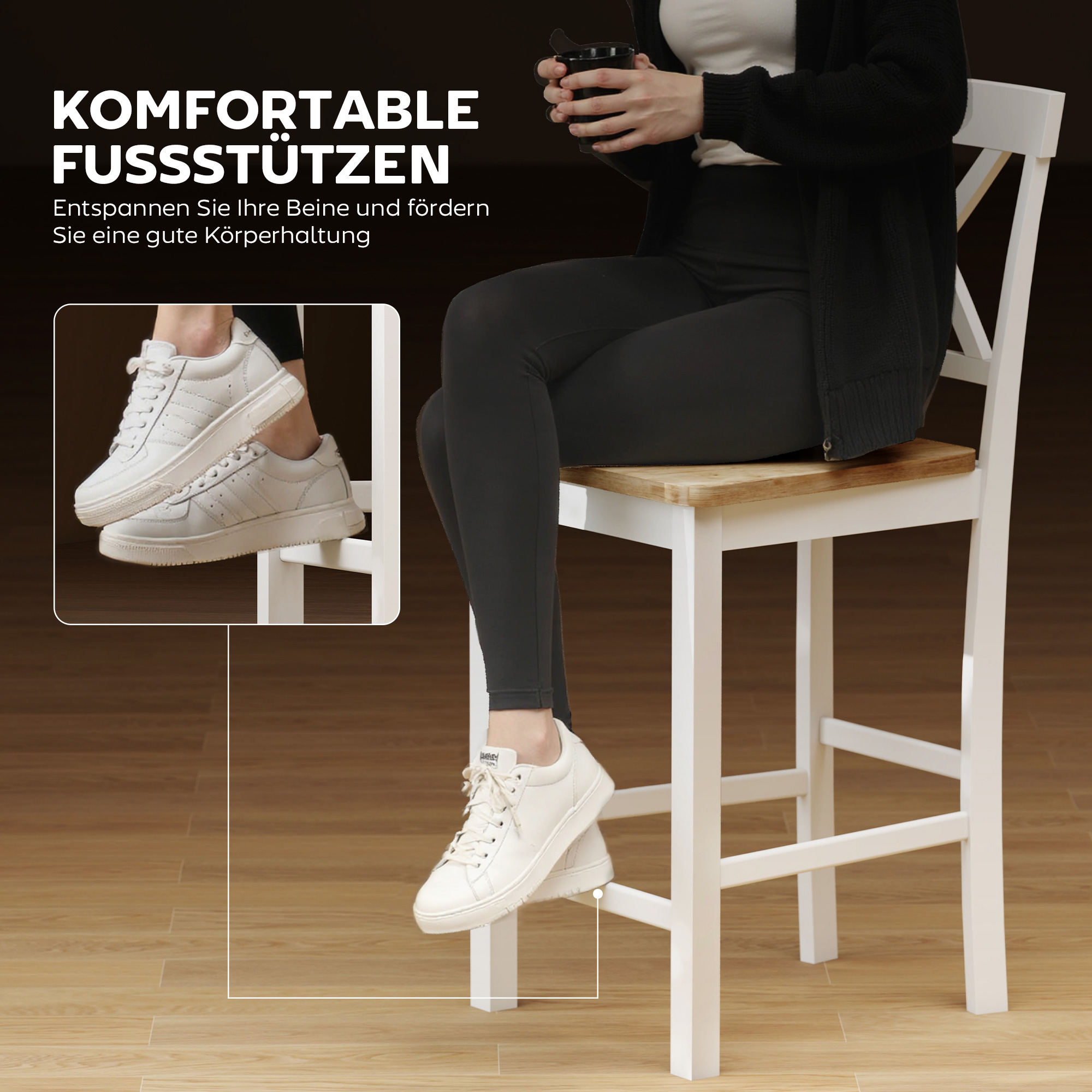 2er-Set Barstühle mit Rückenlehne und Fußstütze, Kautschukholz, für Küche, Esszimmer, Bar, Eiche+Weiß