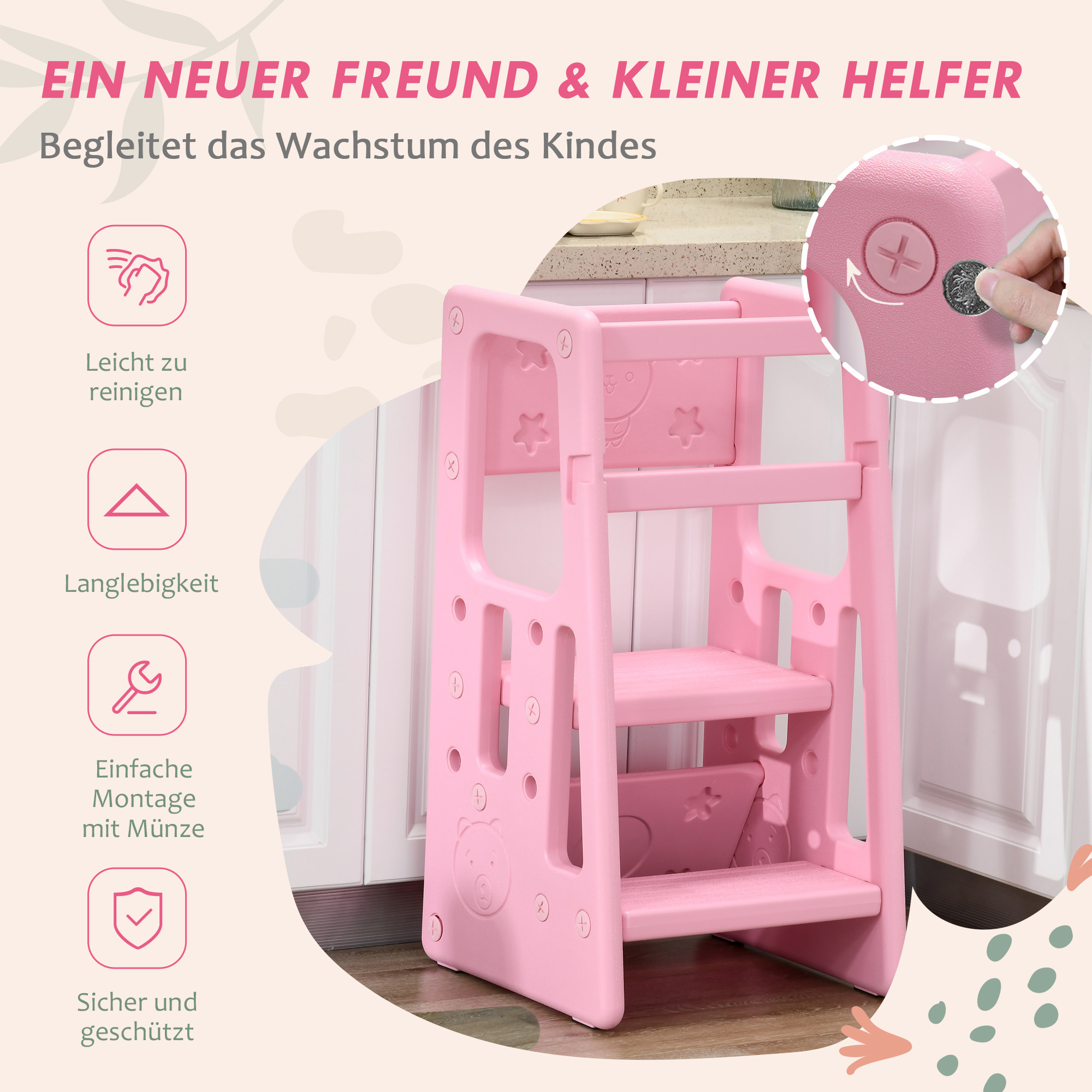 Lernturm, höhenverstellbar, leicht zu reinigen, rutschfest, kindersicherer Kunststoff, 47x47x90 cm, Rosa