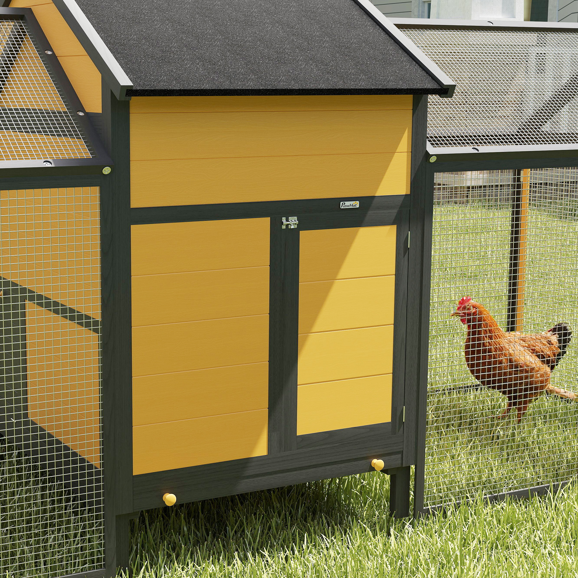 Hühnerstall Kleintierstall 2 Außengehege, 1 Nistkasten, 2 Rampen,Asphaltdach, wetterbeständig, Gelb