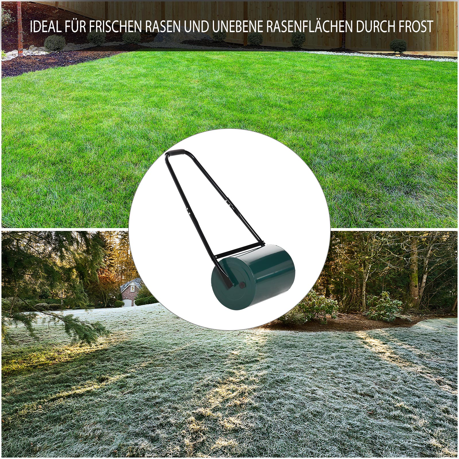 Rasenwalze Gartenrolle Gartenwalze mit U-Griff 31 cm Durchmesser 30 cm Arbeitsbreit 40l Wasser-/Sandfüllungen Metall Grün