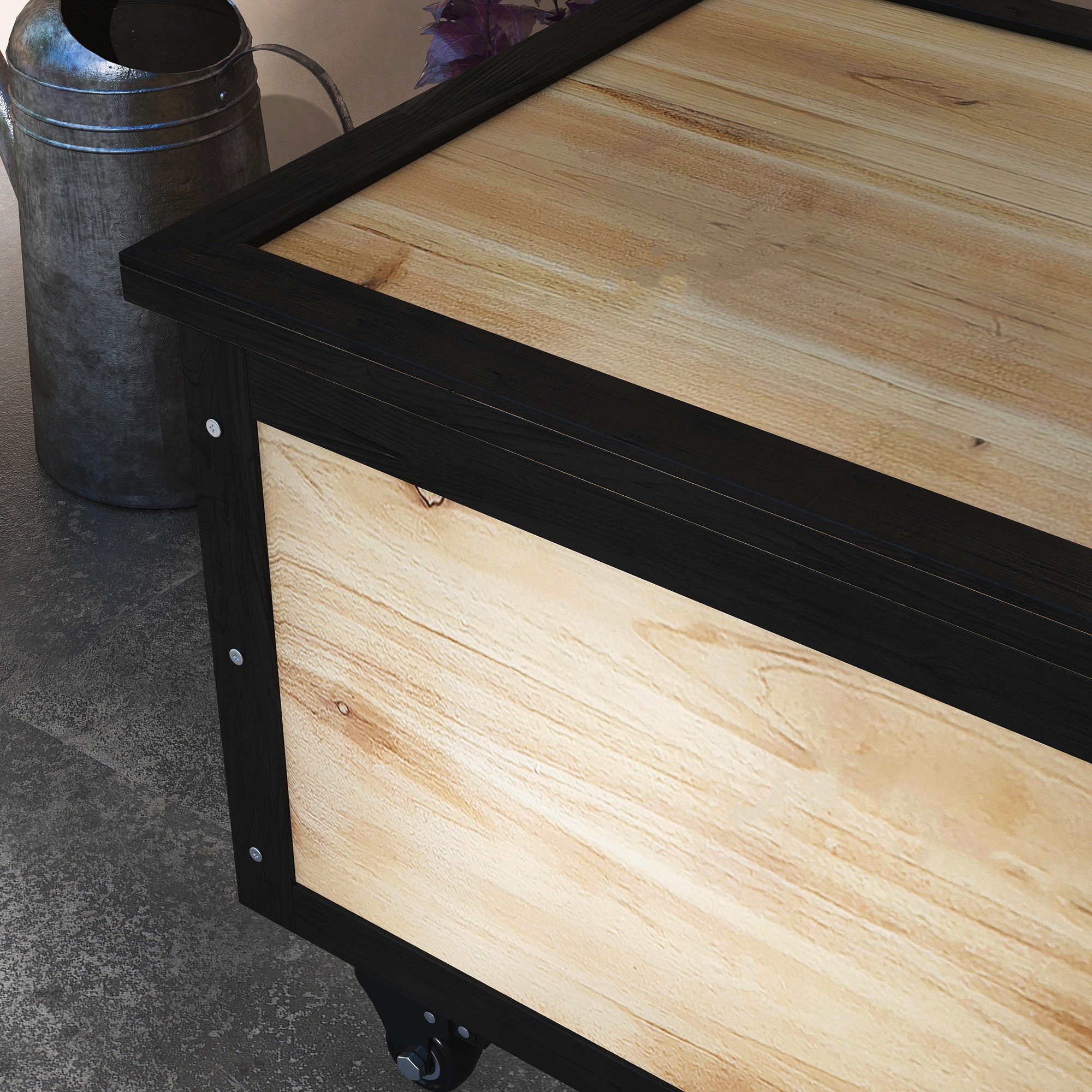 Garten-Aufbewahrungsbox, 121 Liter, 2 Räder, wetterfest, Metallscharniere, Naturholz, 100x50x43 cm