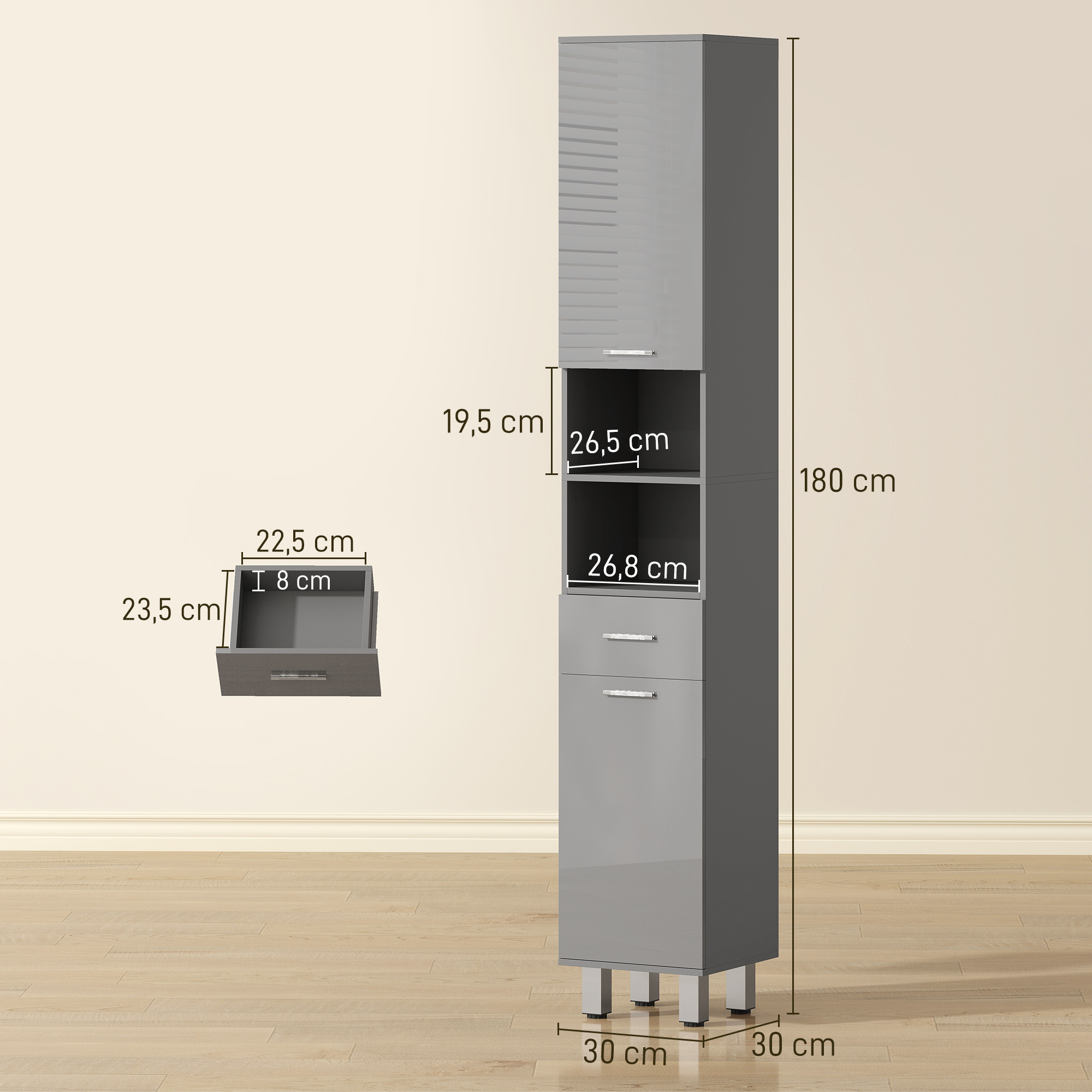 Badezimmerschrank, Badkommode, mit Regalen und Schublade, verstellbar, Grau