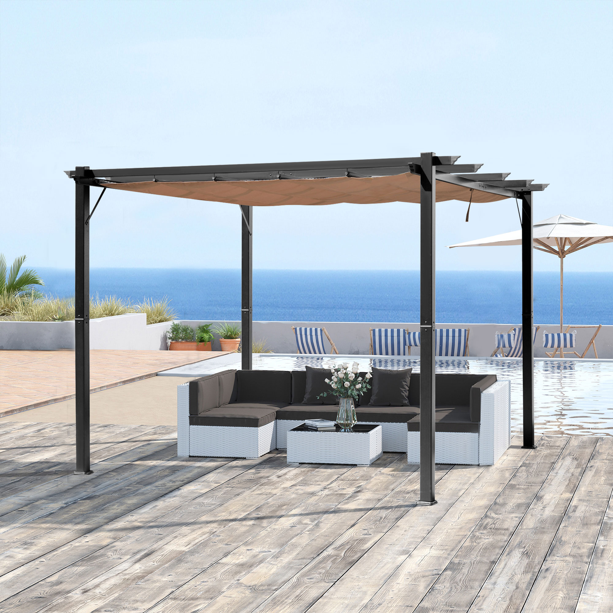 Pergola Pavillon mit einstellbarem Stoffdach 3 x 4 m Terrassen-Vordach Aluminium Sonnenschutz Überdachung Terrasse Garten Grau+Braun