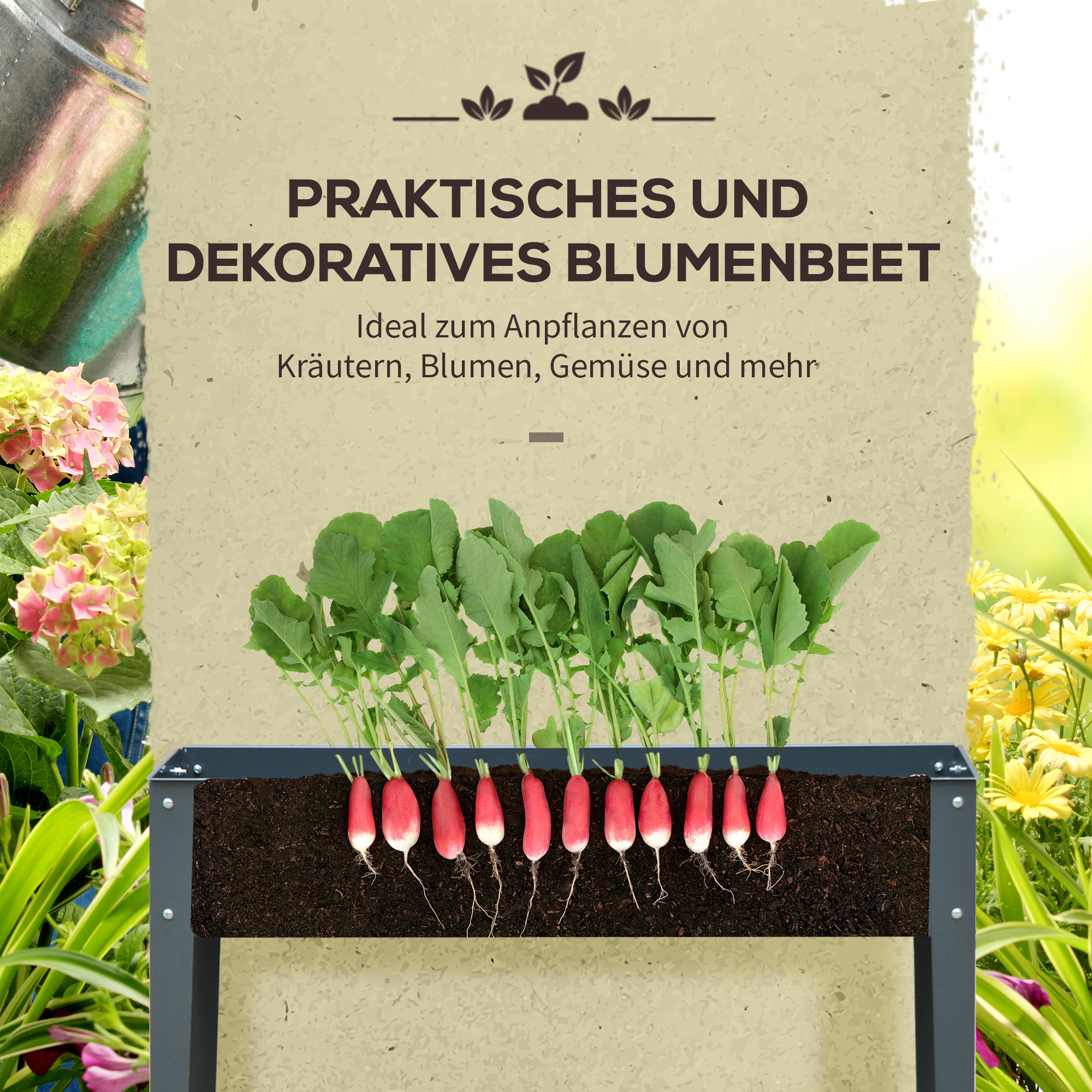 Hochbeet, Kräuterbeet, Pflanzkasten mit 3 Abflusslöchern, Blumenkasten mit Füßen, Metall, 100 x 30 x 80 cm