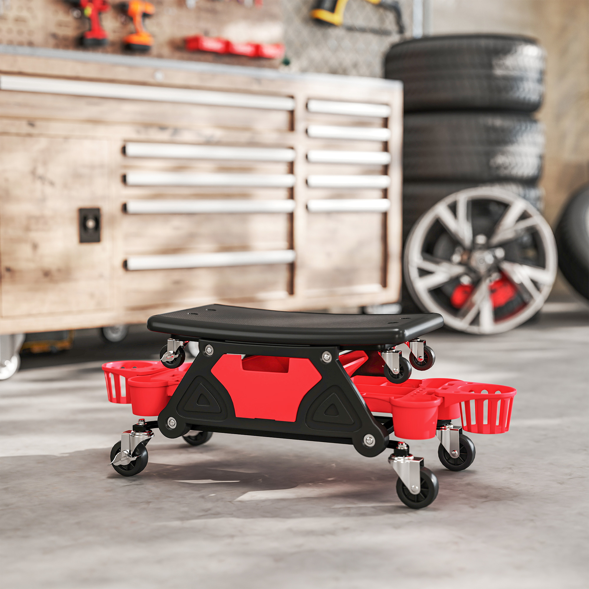Werkstatthocker mit Rollen abnehmbar Sitz, Ablagefläche, 33cm hoch Rollhocker bis 135 kg belastbar Rot