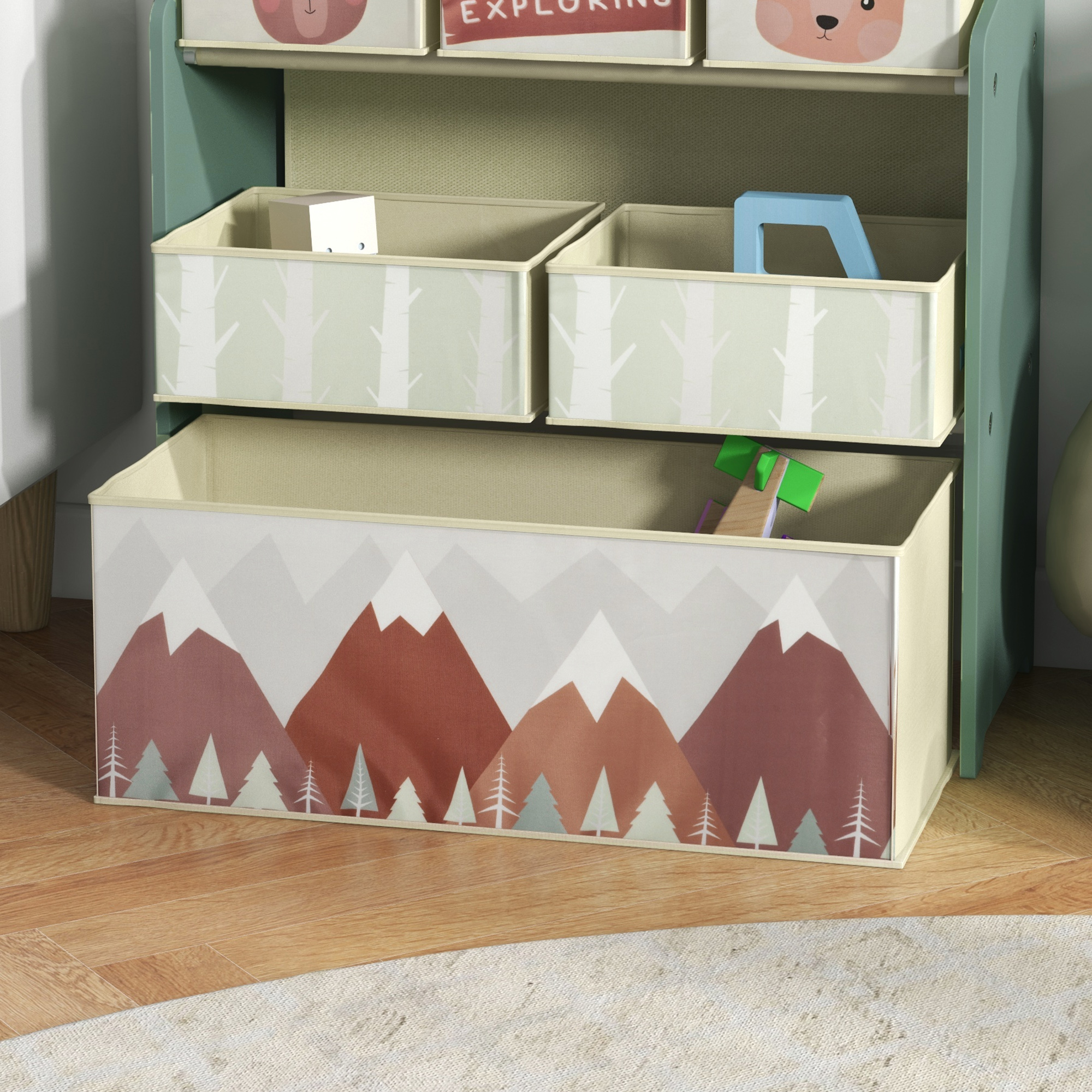 Kinderschrank mit 6 Stoffboxen, niedliches Motiv, 63x30x66 cm, Grün