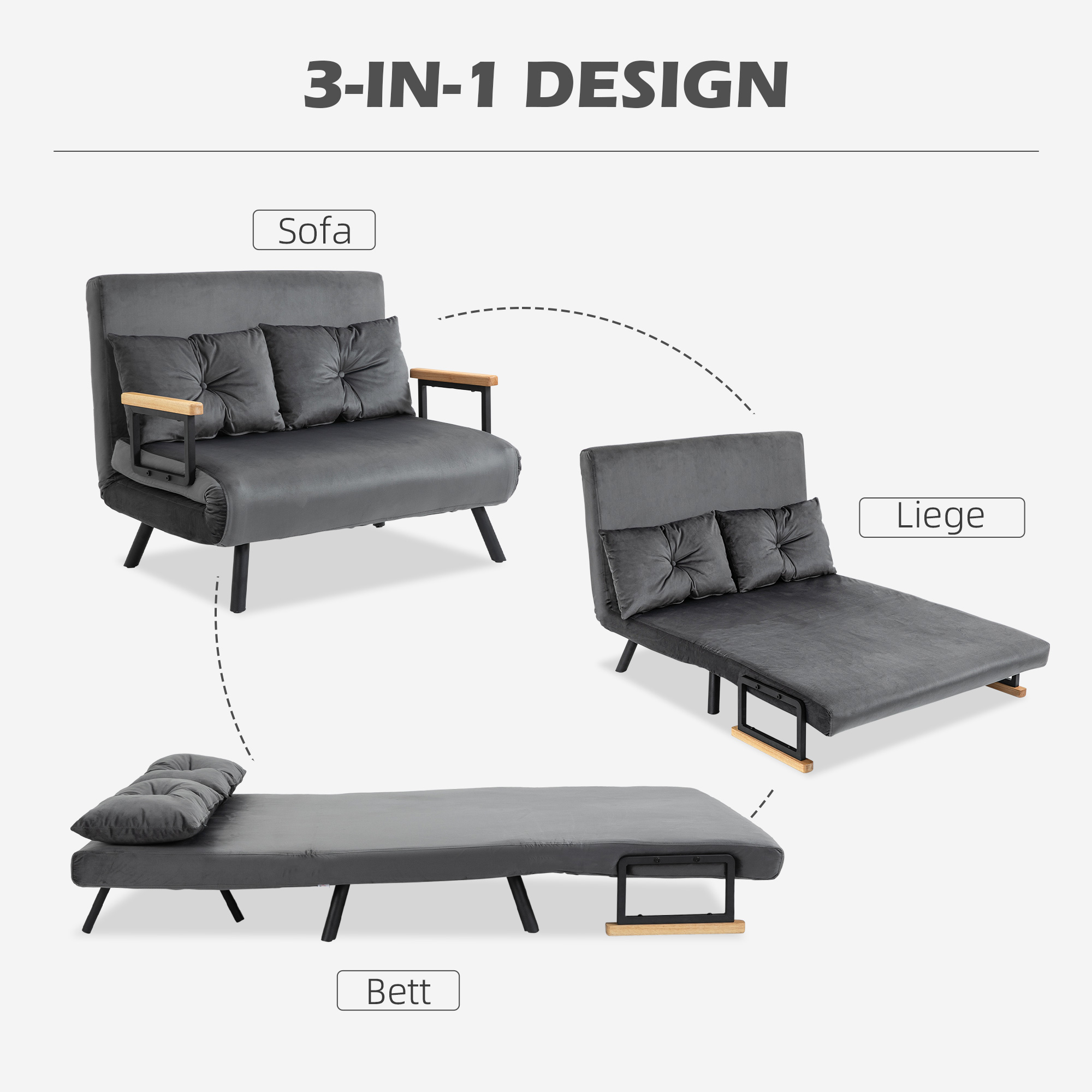 Schlafsofa 2er-Sofa Samtsofa, Schlaffunktion, inkl. 2 Kissen, Samtoptik, Natur + Dunkelgrau + Schwarz