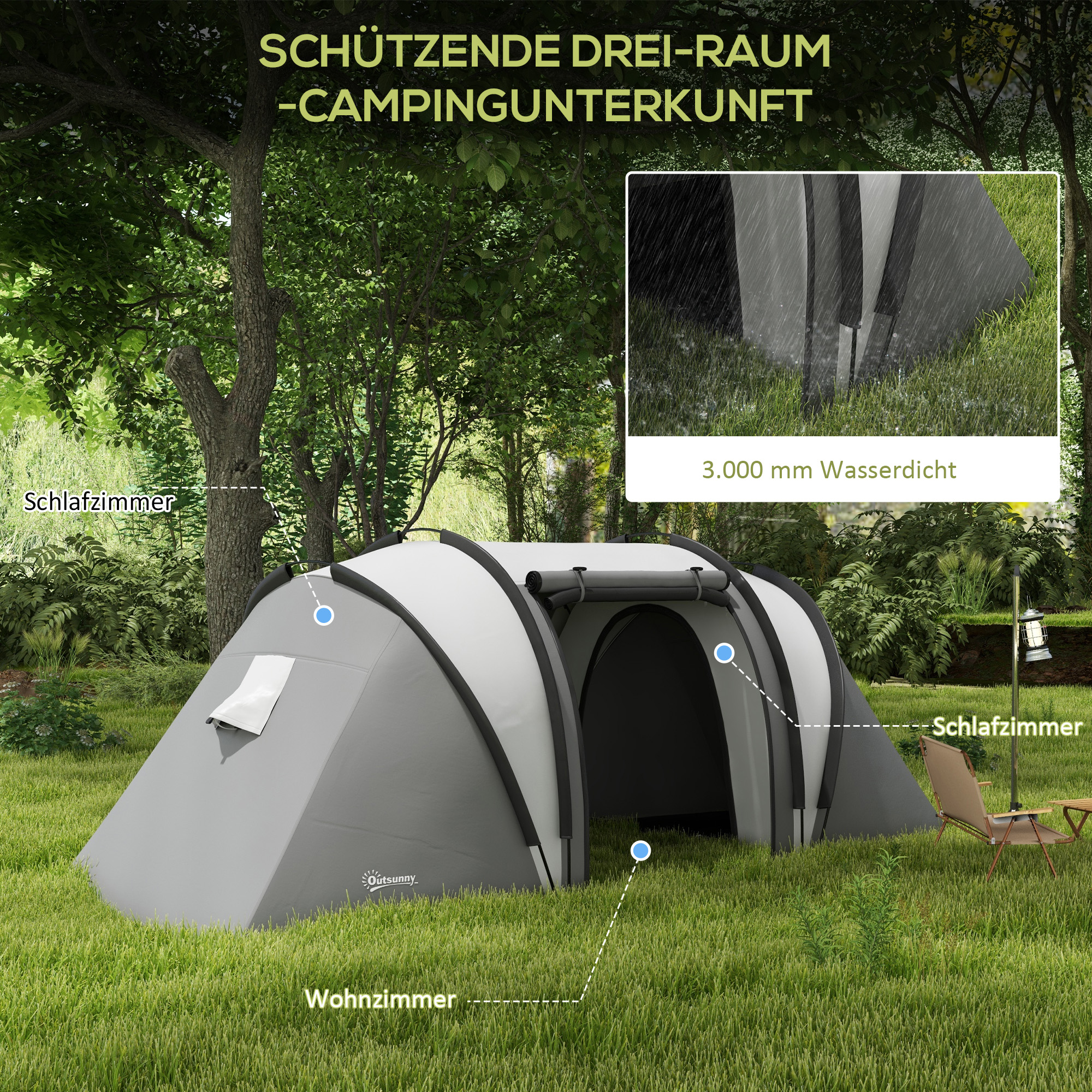 Campingzelt für 4-5 Personen leicht wasserabweisend Familienzelt mit 3 Zimmer Seitentür Fenster Grau