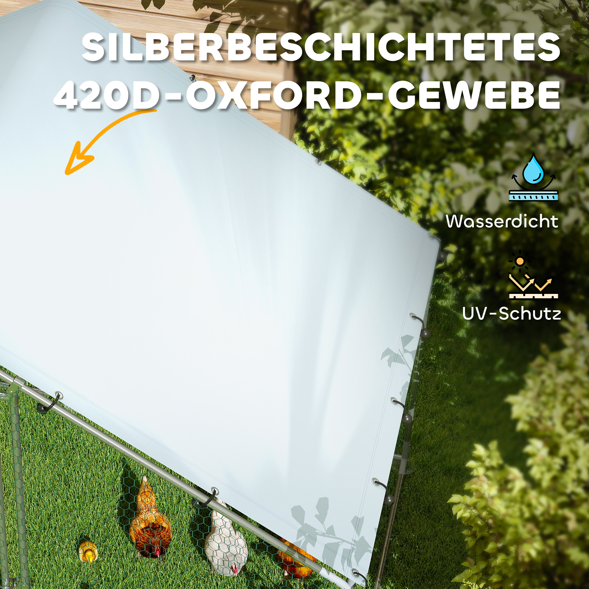 Hühnerauslauf für 5-8 Hühner, Dachplane, verriegelbare Tür, Stahlrahmen, 5,1 m², 3 x 1,7 x 1,9 m