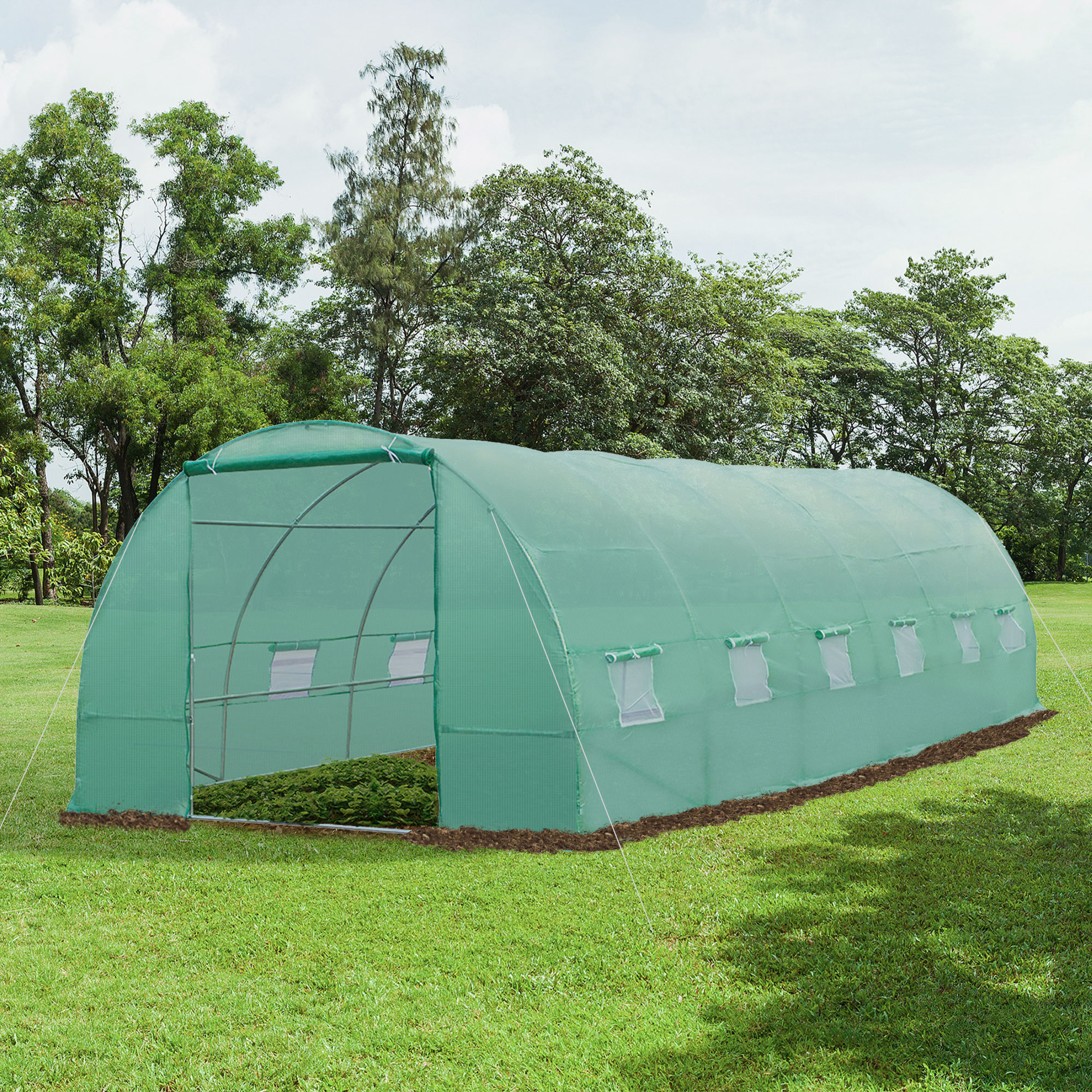 Gewächshaus 800x300x200cm Foliengewächshaus Tomatenhaus mit Tür, 12 Fenster, Folientunnel aus verzinktem Stahl, PE, stabiles Treibhaus Pflanztunnel, inkl, Erdanker & Seilen, Grün
