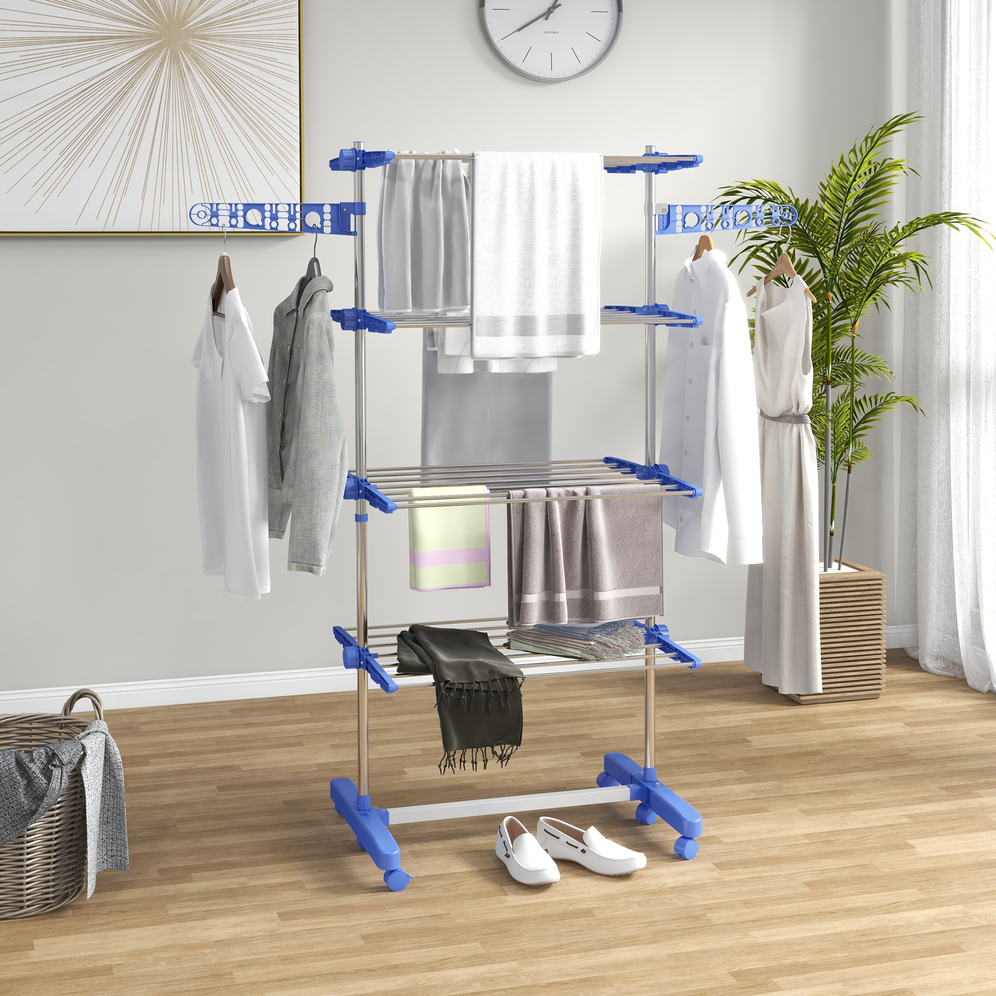 Wäschenständer Wäschetrockner 5 Ebenen, klappbar, One-Klick-System, 142 cm x 55 cm x1 72 cm, Blau + Silber