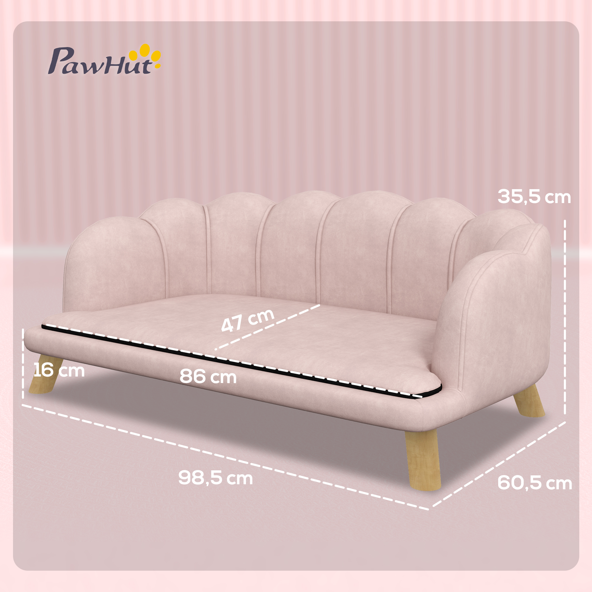 Haustiersofa für mittelgroße und große Hunde bis 25 kg, robustes Holz, gepolstert, Rosa