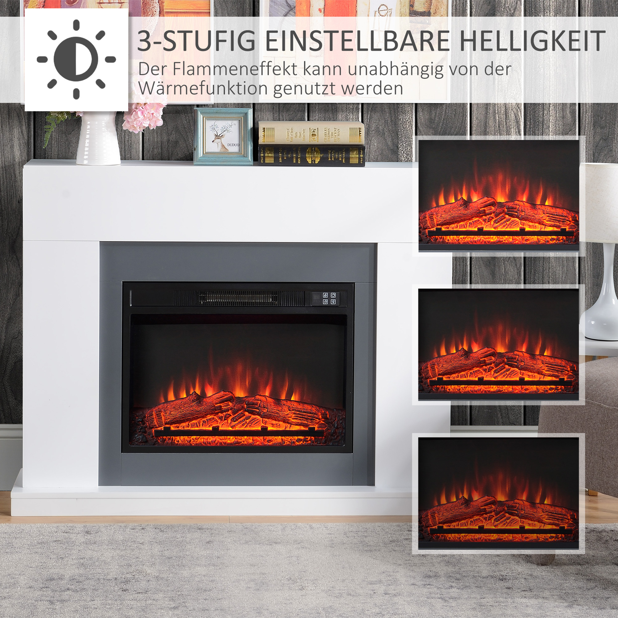 LED Elektrokamin Standkamin Kaminofen mit Flammeneffekt 1800/2000W Innenraumheizung mit Holzrahmen Dekokamin MDF Weiß 113 x 26,6 x 87,5 cm