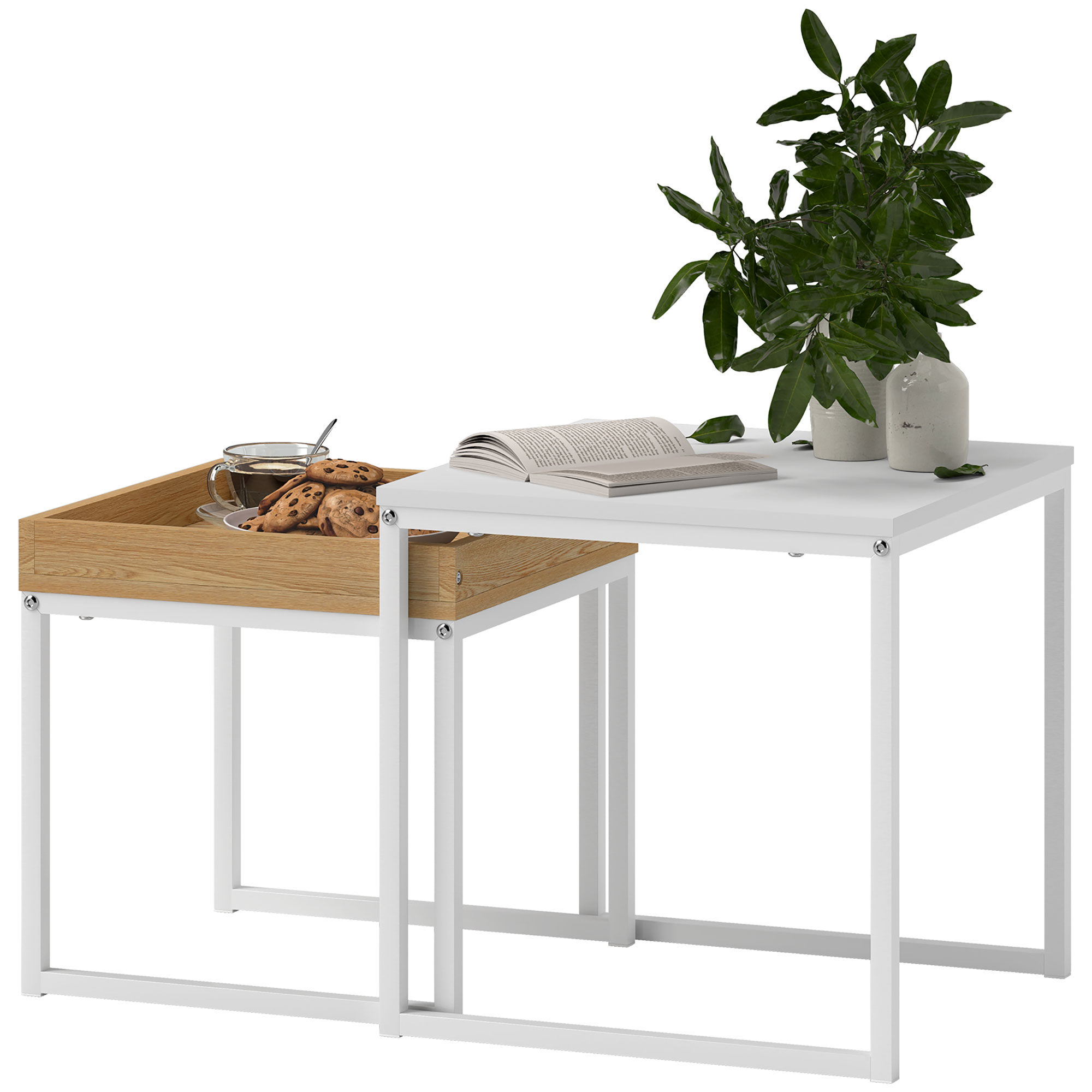 moderner Couchtisch, 2er-Set Sofatisch, für kleine Räume, Quadratisch, MDF, Metall, Weiß