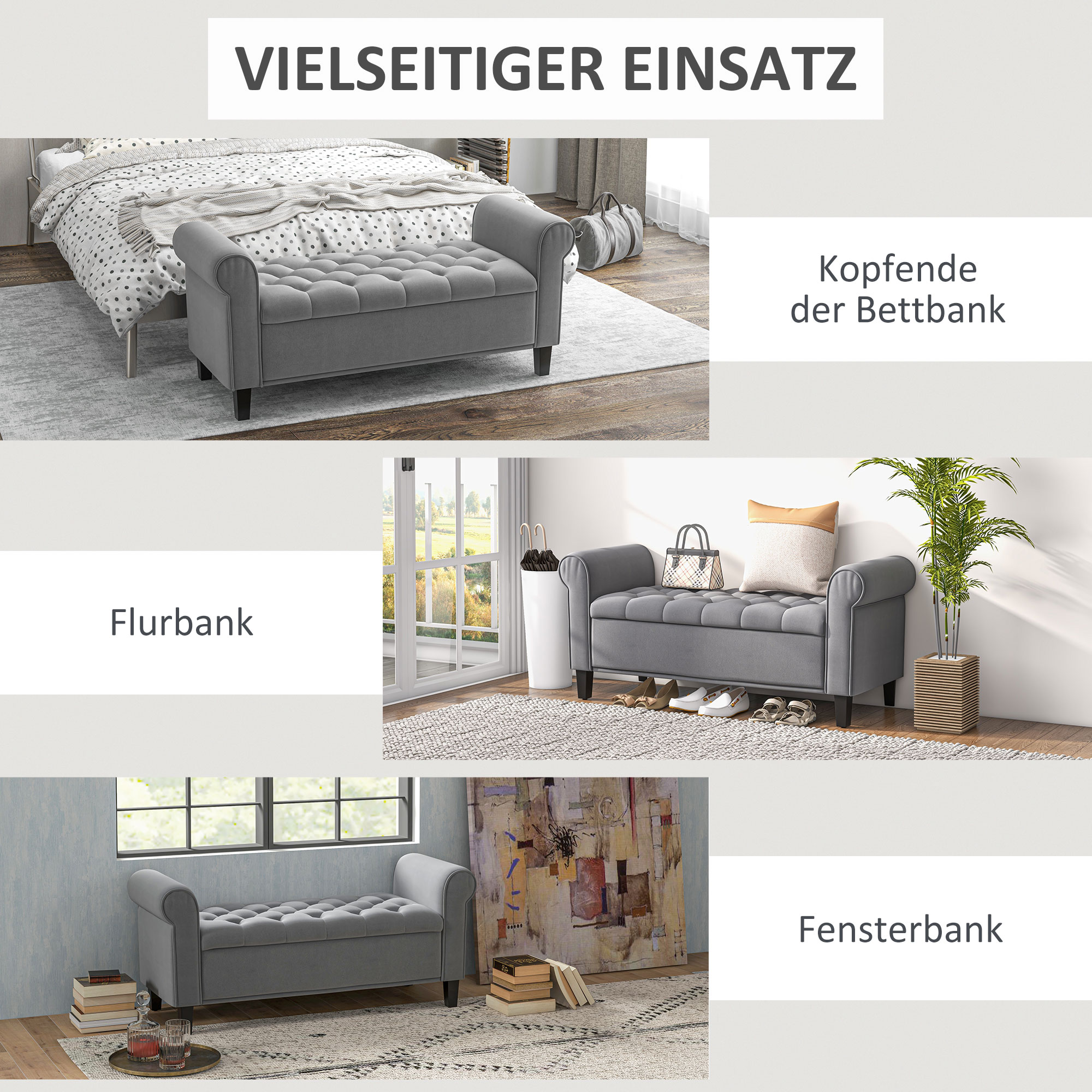 Sitzbank Polsterbank Bettbank, Knopfheftung, Samtoptik, 126 cm x 48,5 cm x 57 cm, Grau