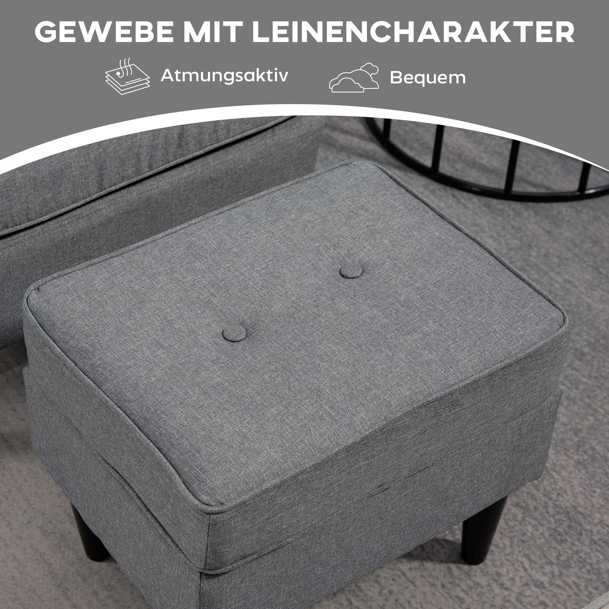 Ohrensessel mit Fußhocker, Polstersessel mit Kautschukholzbeinen, Stoffbezug, Grau
