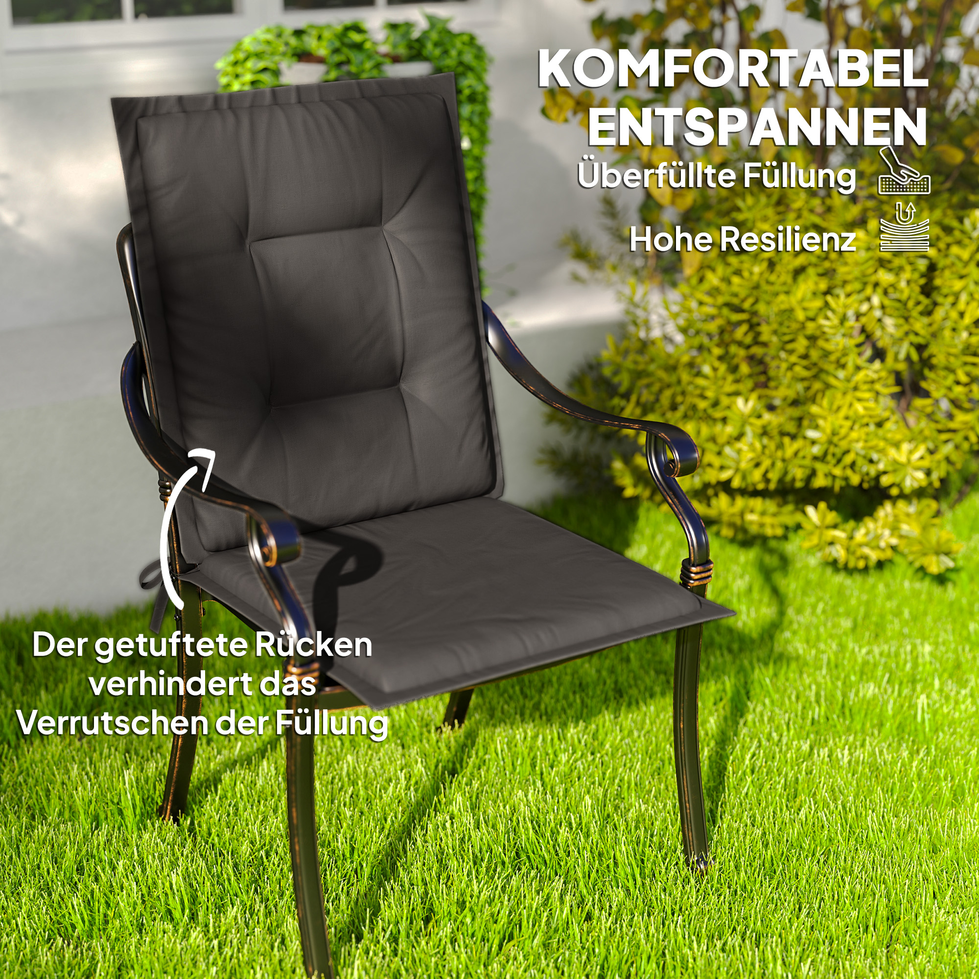 4er Set Sitzkissen 108 x 50 x 5 cm Stuhlkissen mit Bändern, Outdoor Indoor Sitzauflage Dunkelgrau