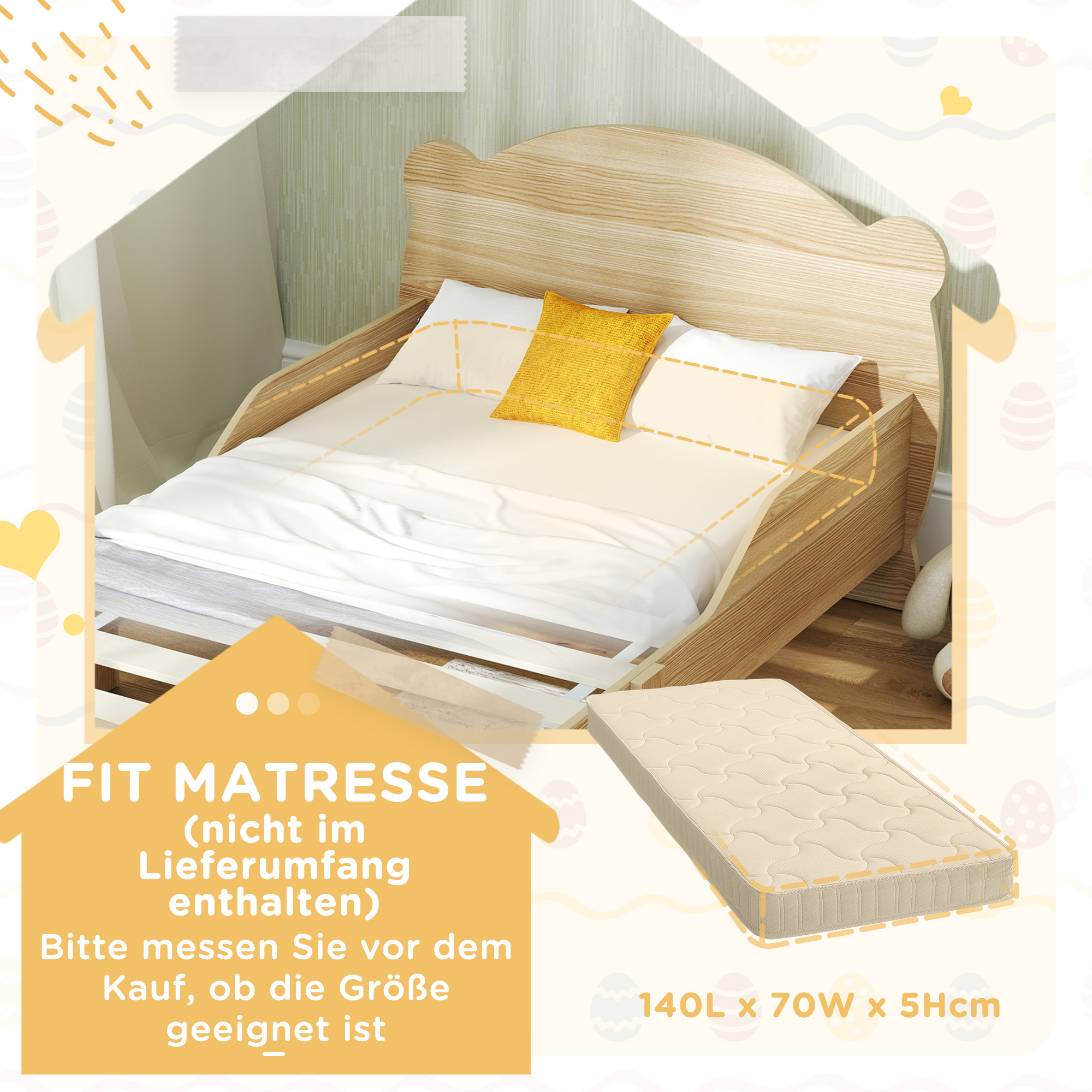 Kinderbett Jugendbett Hausbett mit Bären-Design Spielbett für 3-6Jahre Kinder 143,5 x 80 x 55 cm Naturholz
