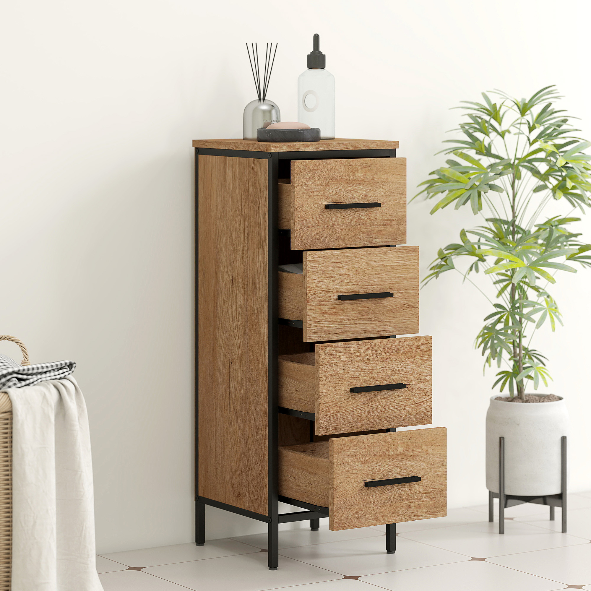 Badezimmerschrank, 4 Schubladen, kompakt, Industrie-Stil, Spanplatten, Metall
