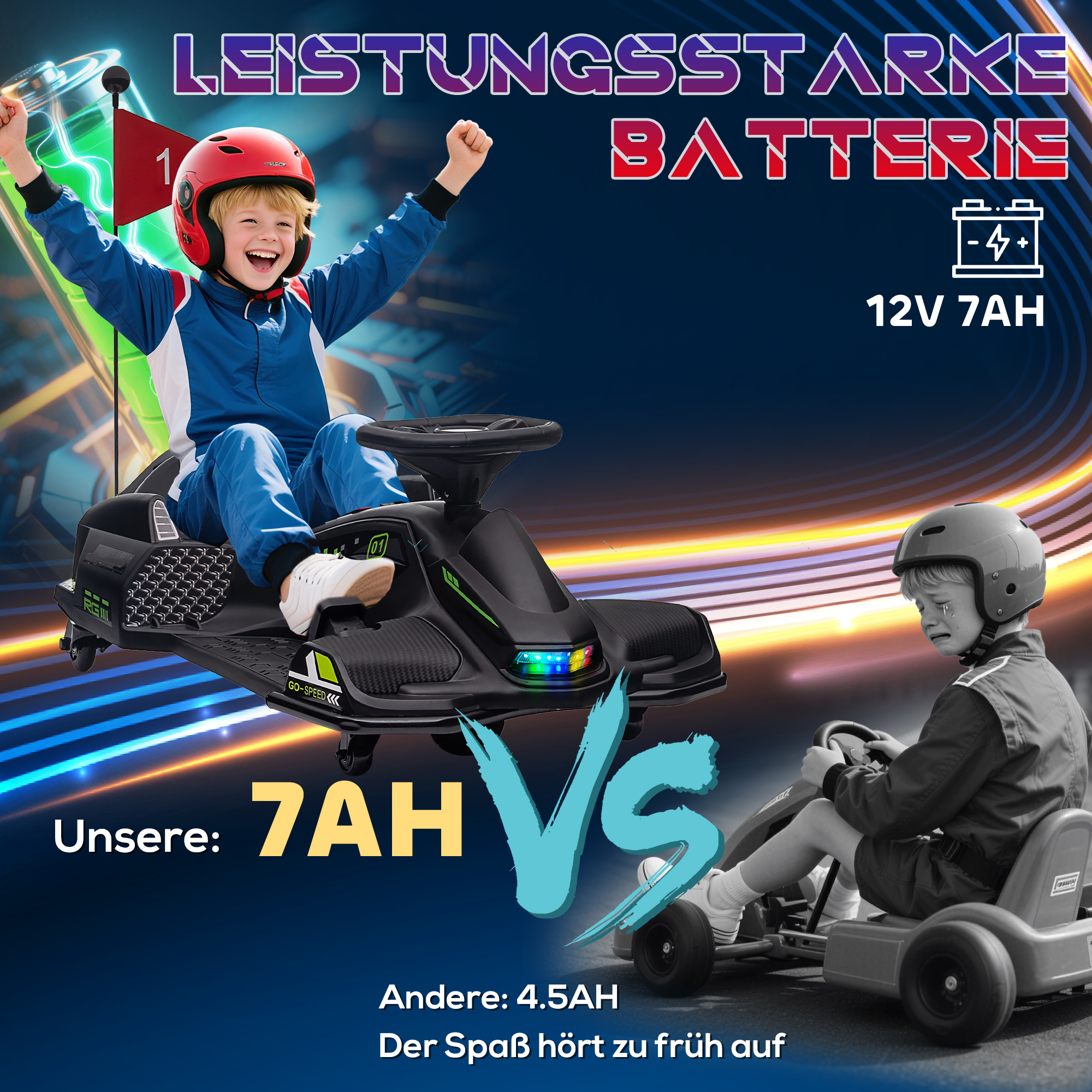 Elektrisches Go-Kart für Kinder, Gummiräder, 3-8 km/h, mit Lichtern und Musikfunktion, Schwarz