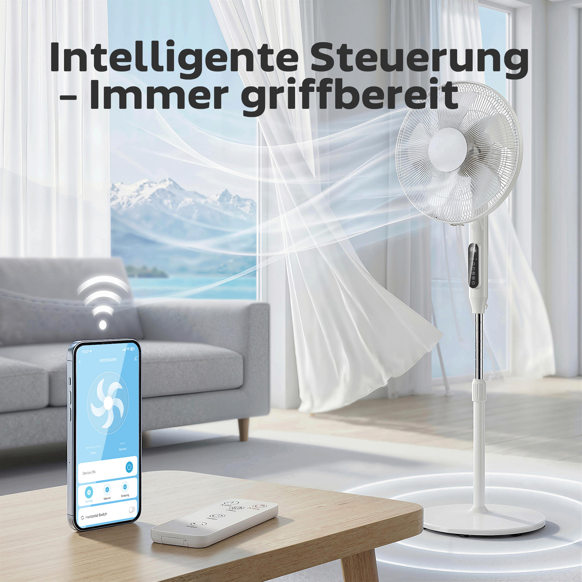 Standventilator mit 15-Stunden-Timer, 85° Oszillation, LED-Bedienfeld, Fernbedienung, weiß