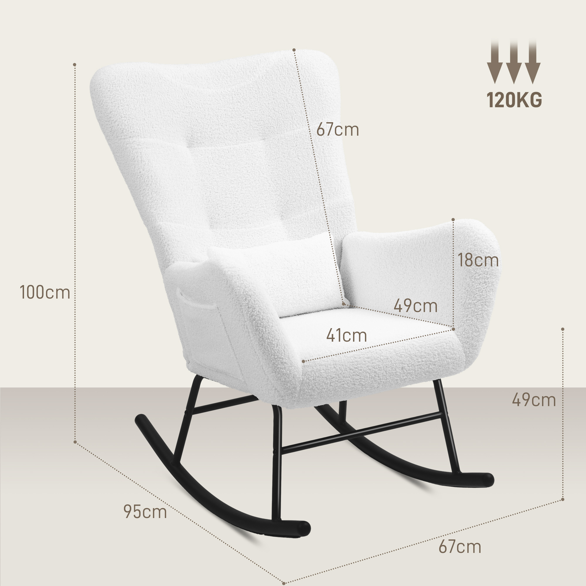 Schaukelstuhl, flauschiger Bezug, Lendenkissen, rutschfest, bis 120 kg, Weiß
