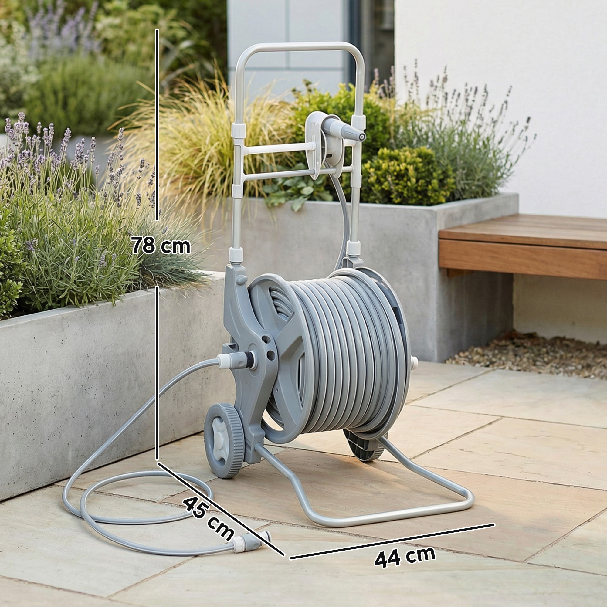 Schlauchwagen 45 m Schlauchtrommel mit 2 Sprühmustern, Wasserhahnadapter Kurbel 2 Rädern 45 x 44 x 78 cm Grau