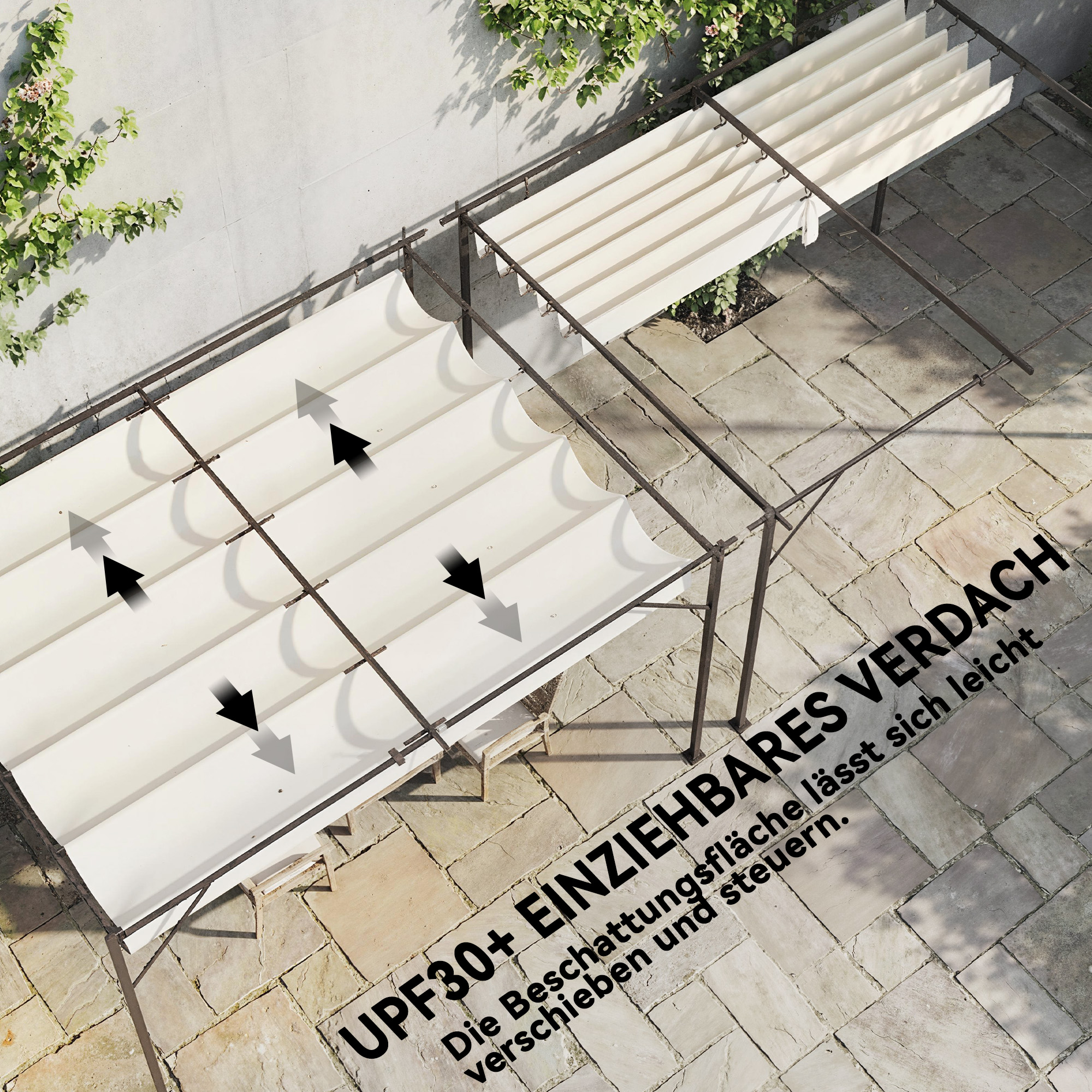 Terrassendach Pergola ca. 4x3m Terrassenüberdachung mit Verstellbares Dach, Wandmontage UV 30+ Cremeweiß
