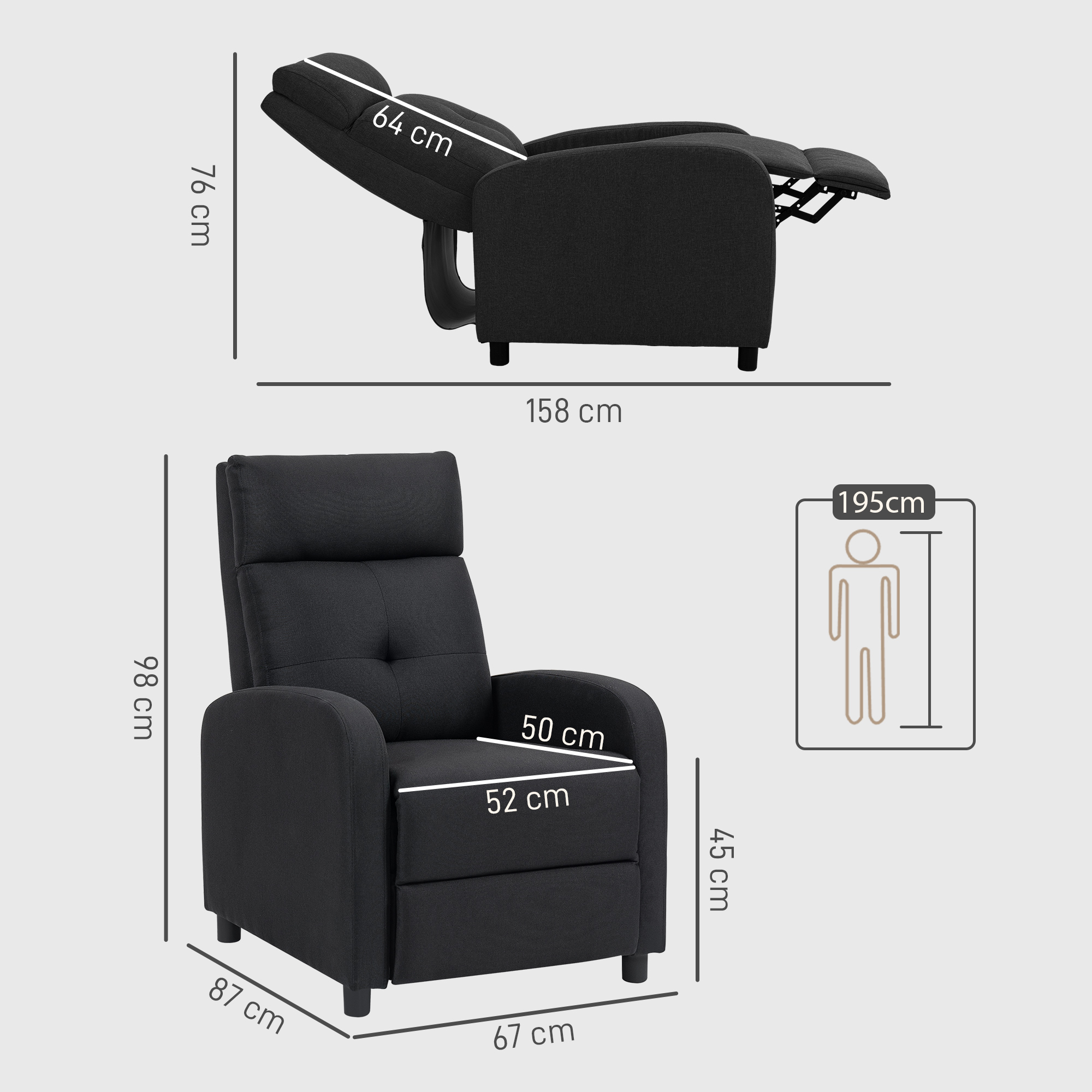 Relaxsessel mit Liegefunktion, ausfahrbares Fußteil, Taschenfederkern, bis 150 kg, Schwarz
