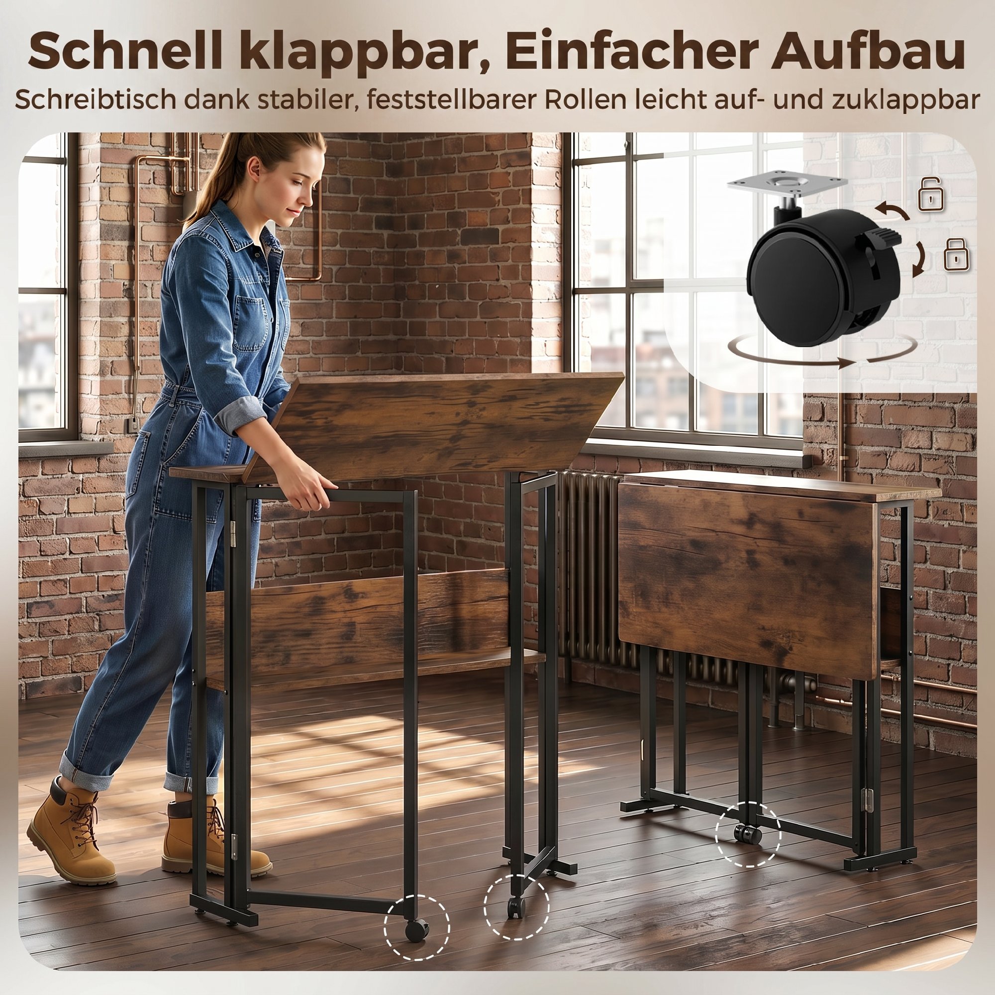 klappbarer Schreibtisch mit Ablagefach, 80 cm Klapptisch für kleine Räume, Büro, Rustikales Braun