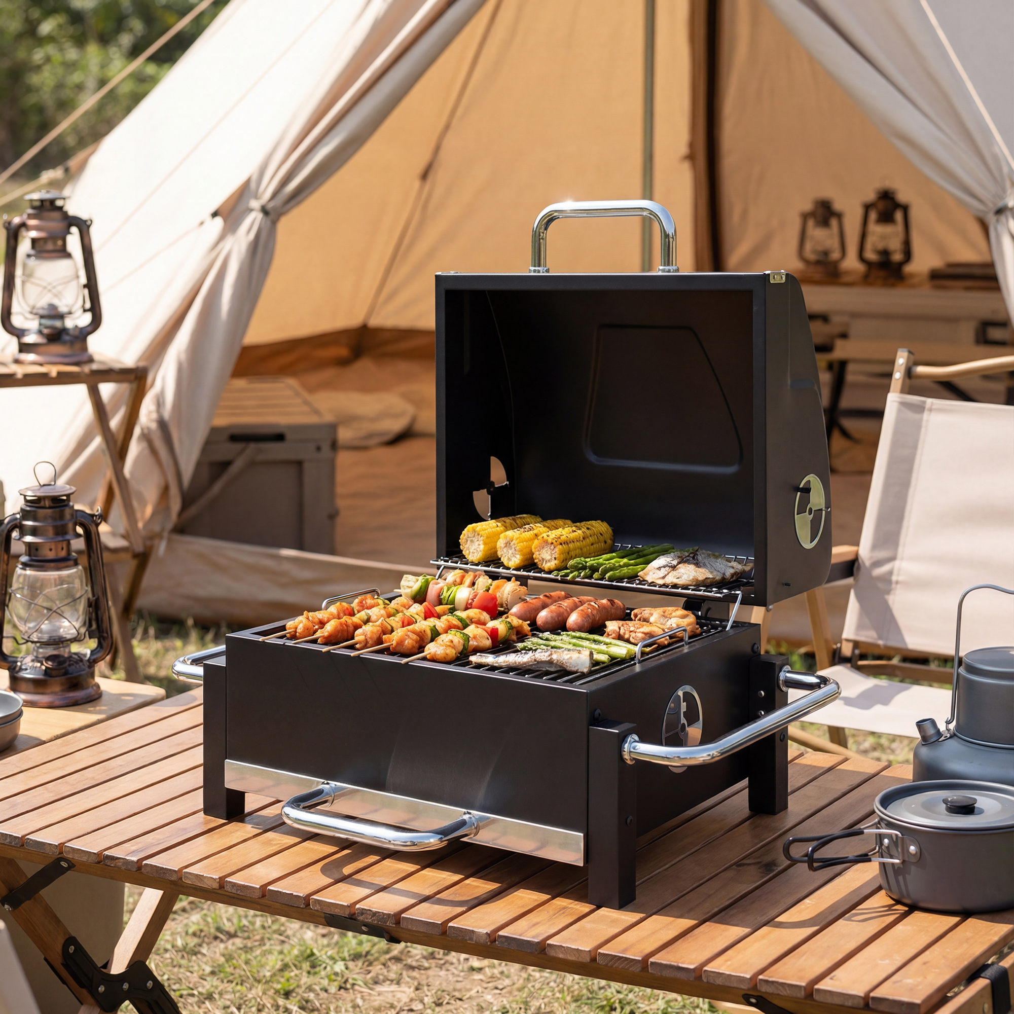 Holzkohlegrill aus Stahl tragbarer BBQ Smoker mit Deckel verstellbare Lüftung zweistufige Kohlepfanne Thermometer