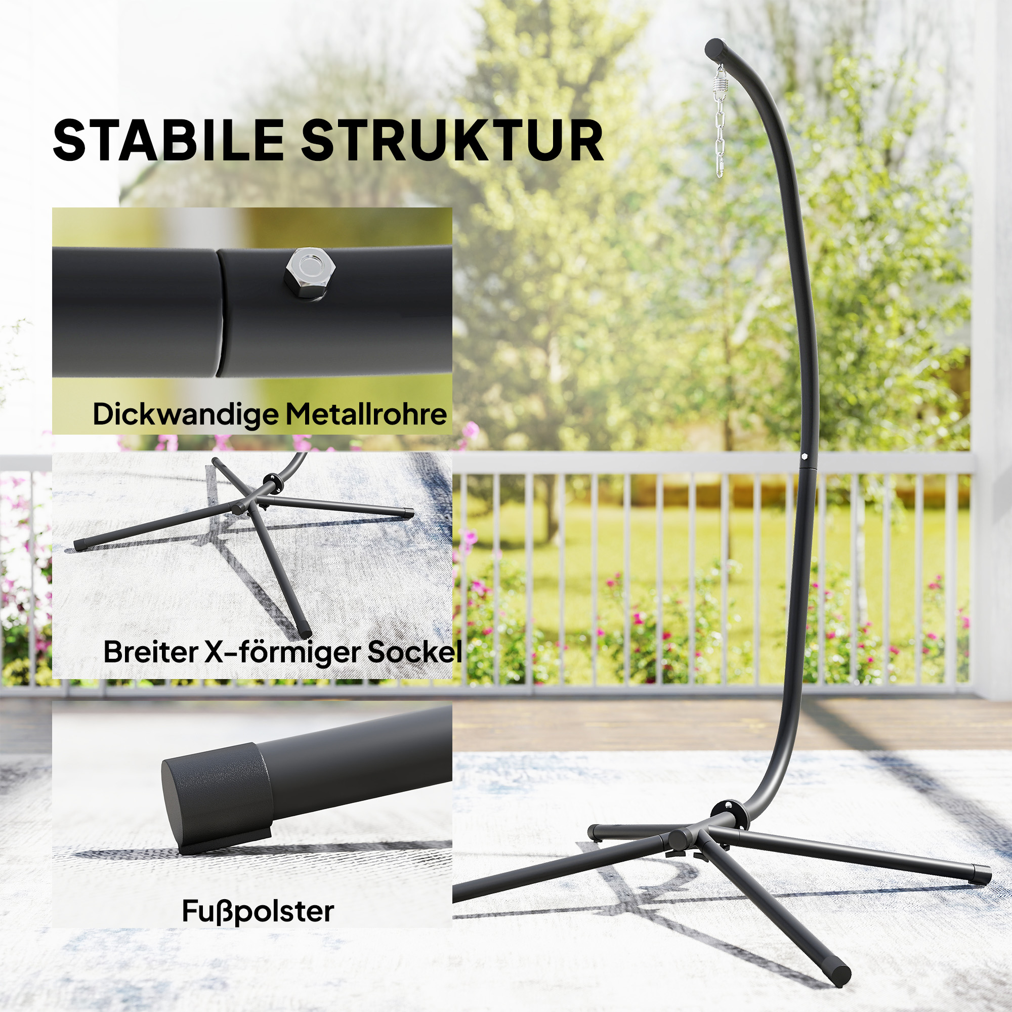 Gestell für Hängesessel in C-Form Höhenverstellbar Metall Ständer mit Aufhängungskette bis 150kg Schwarz