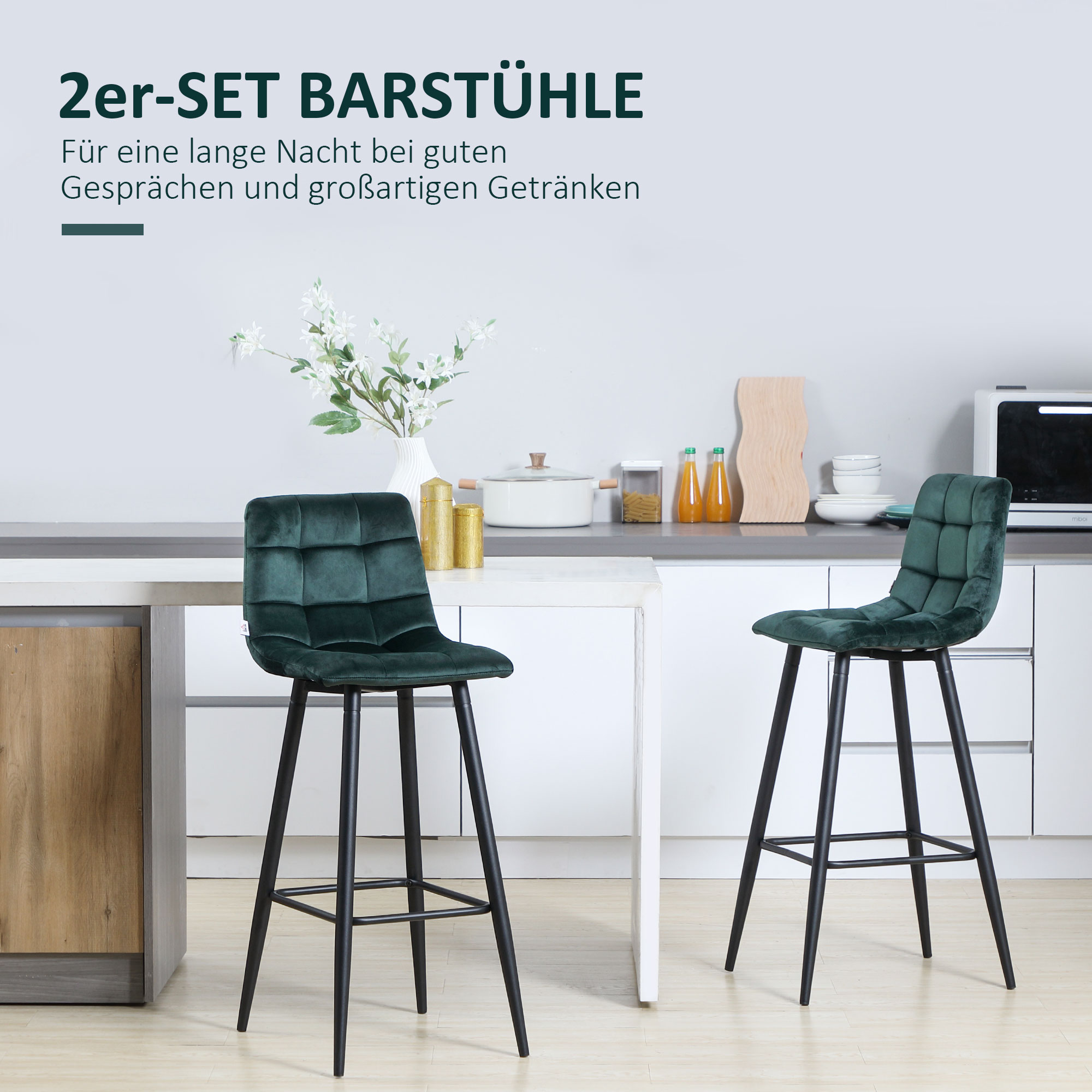 Barhocker 2er-Set, modernes Design, weicher Sitz, Stahlrahmen, 42 x 47 x 105 cm, Grün