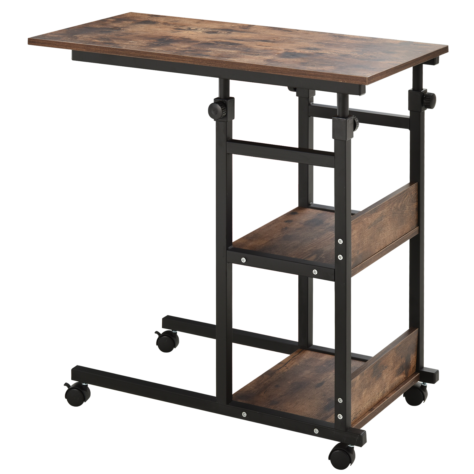 Beistelltisch mit Rollen, höhenverstellbar, kompakt, 2 Ablageböden, Metallrahmen, 80x40x72-82 cm, Braun/Schwarz