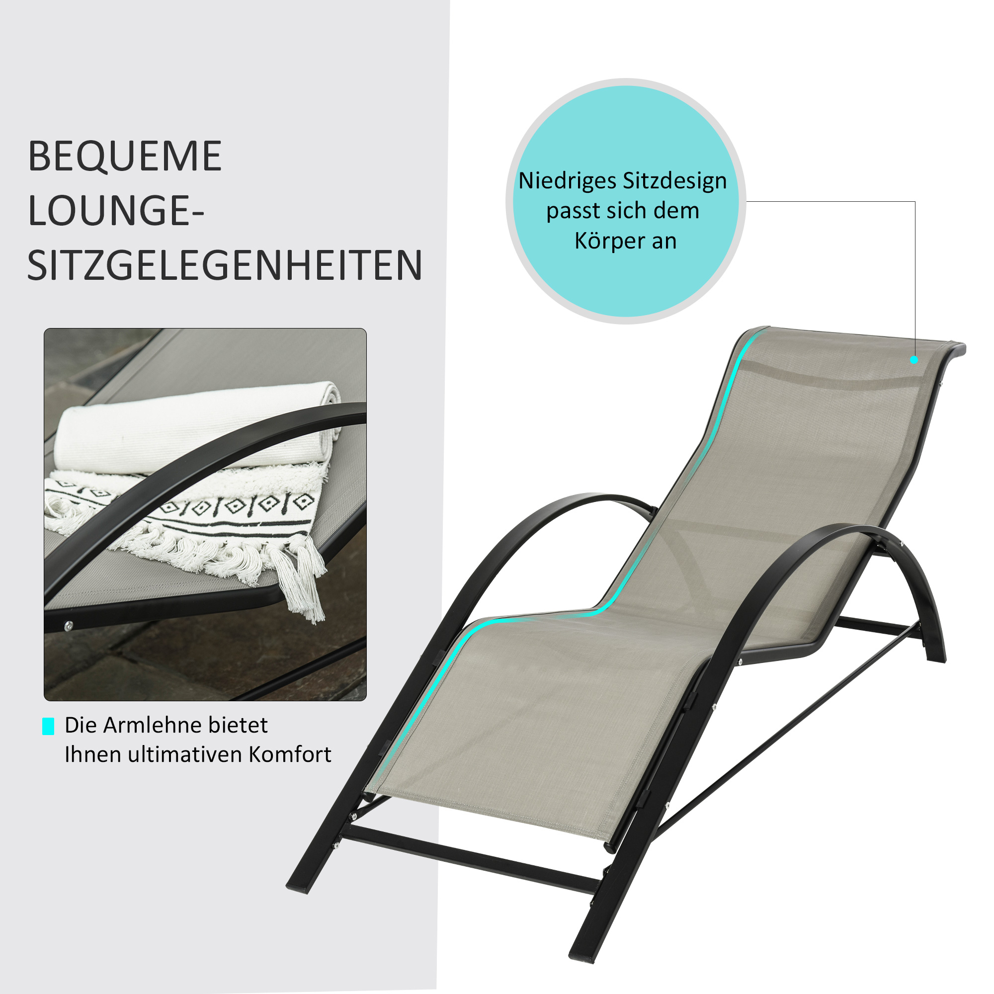 3-tlg. Gartenliegen-Set, 2 Sonnenliegen & 1 Beistelltisch, Metallrahmen, Grau+Schwarz