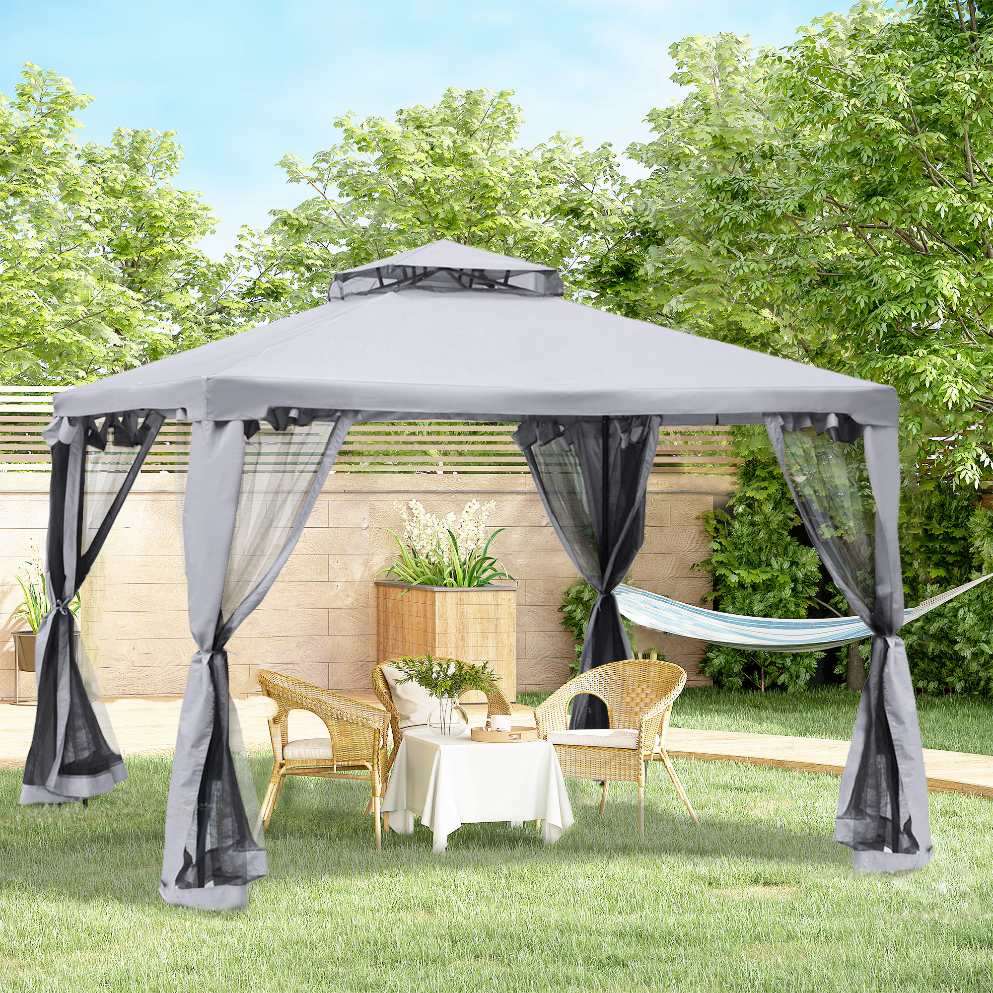 Pavillon mit Doppeldach, 3x2 m Wasserdicht Stabil Winterfest Gartenpavillon mit Moskitonetz, Seitenteile, Garten-Pavillon aus Metall, für Garten, Terrasse, Hellgrau